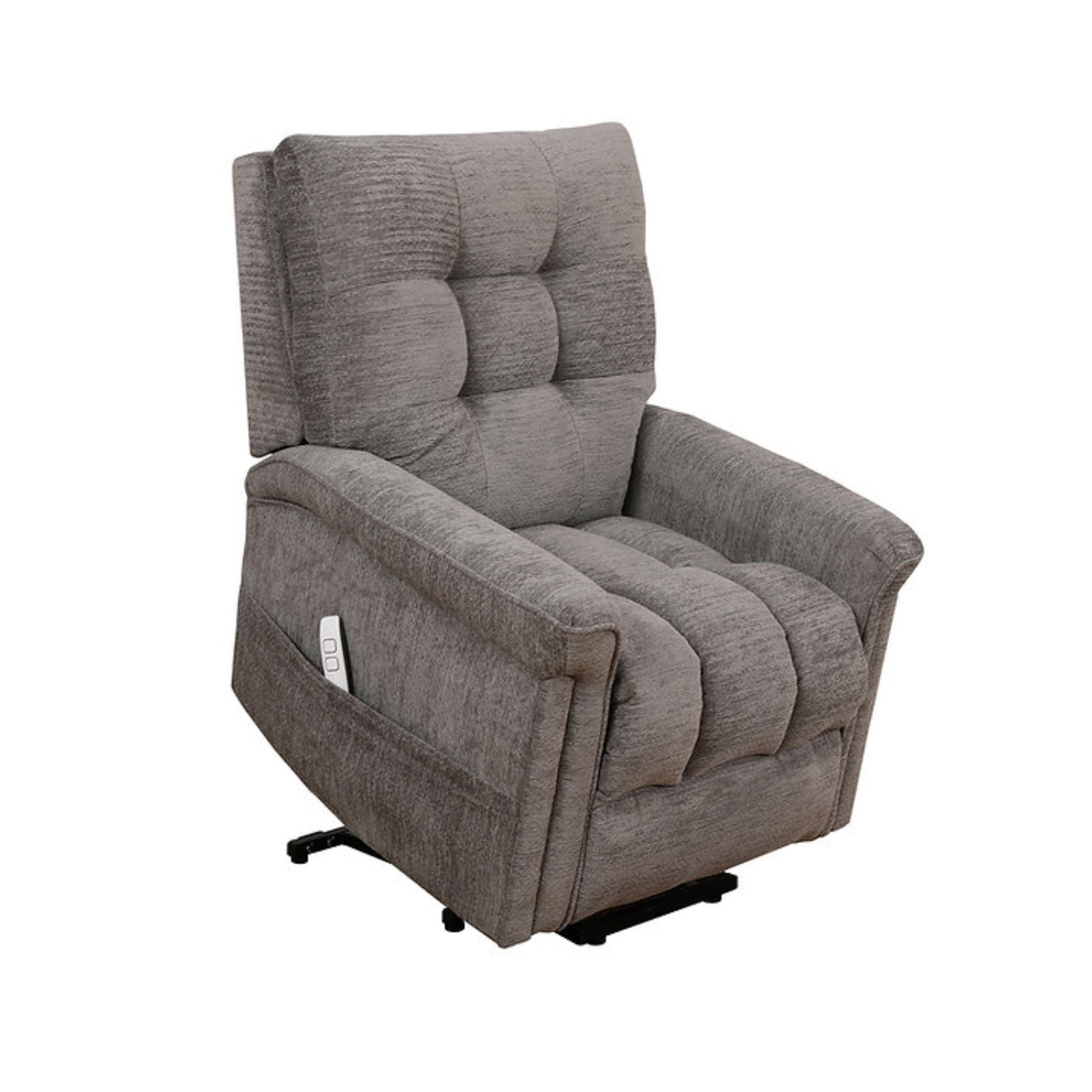 Grey-brown IFF Harlow power recliner lift chair with plush cushioning and adjustable reclining features.