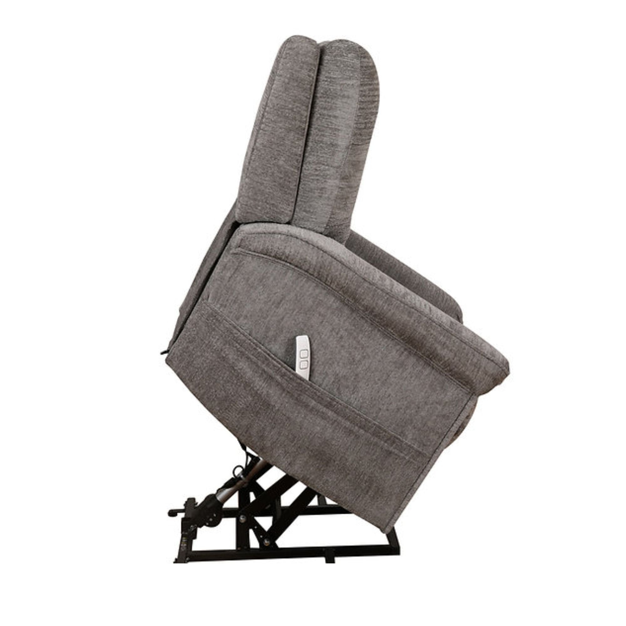 Gray-brown Harlow power reclining lift chair by IFF, featuring plush upholstery and adjustable reclining and lifting mechanisms.