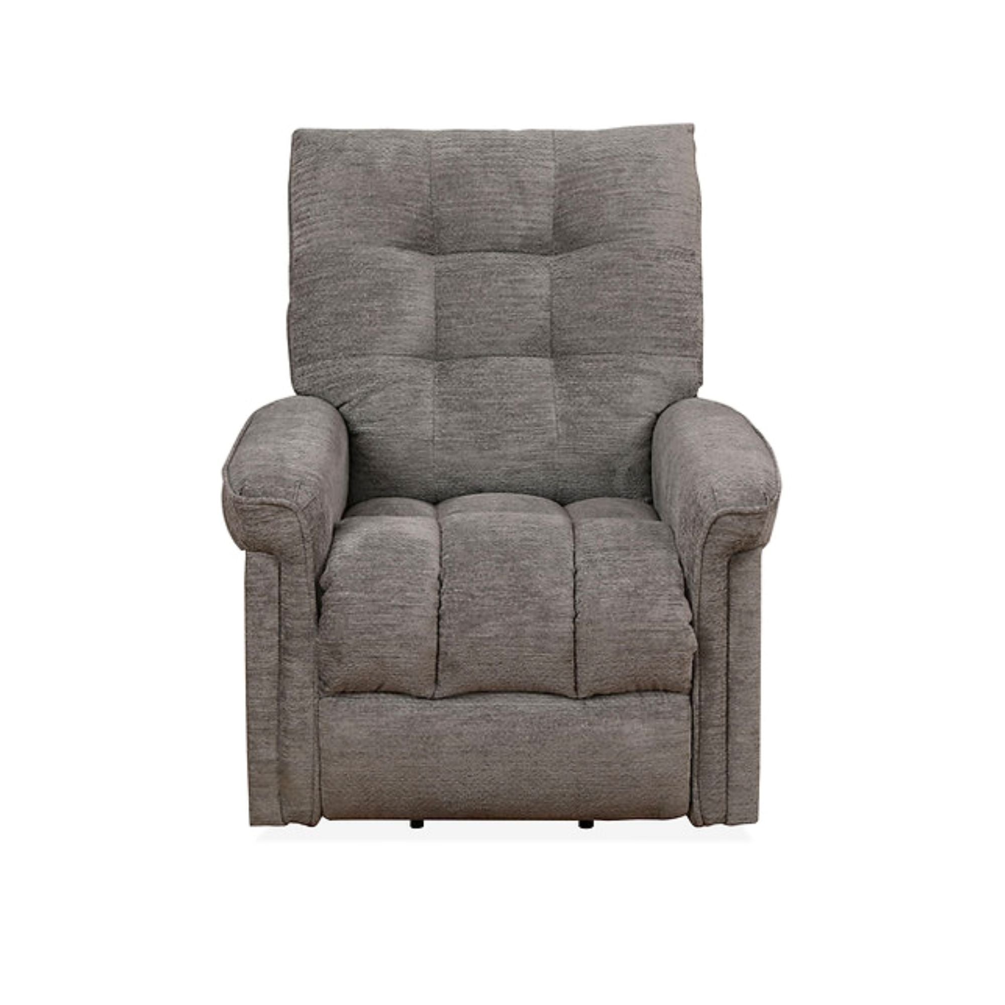 Grey-brown IFF Harlow power reclining lift chair with plush cushioning and adjustable back support.