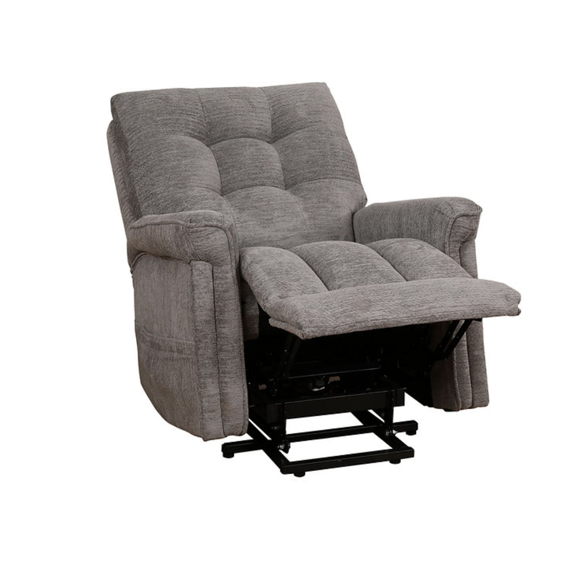 Grey-brown IFF Harlow power recliner lift chair with plush cushioning and adjustable backrest in a living room setting.