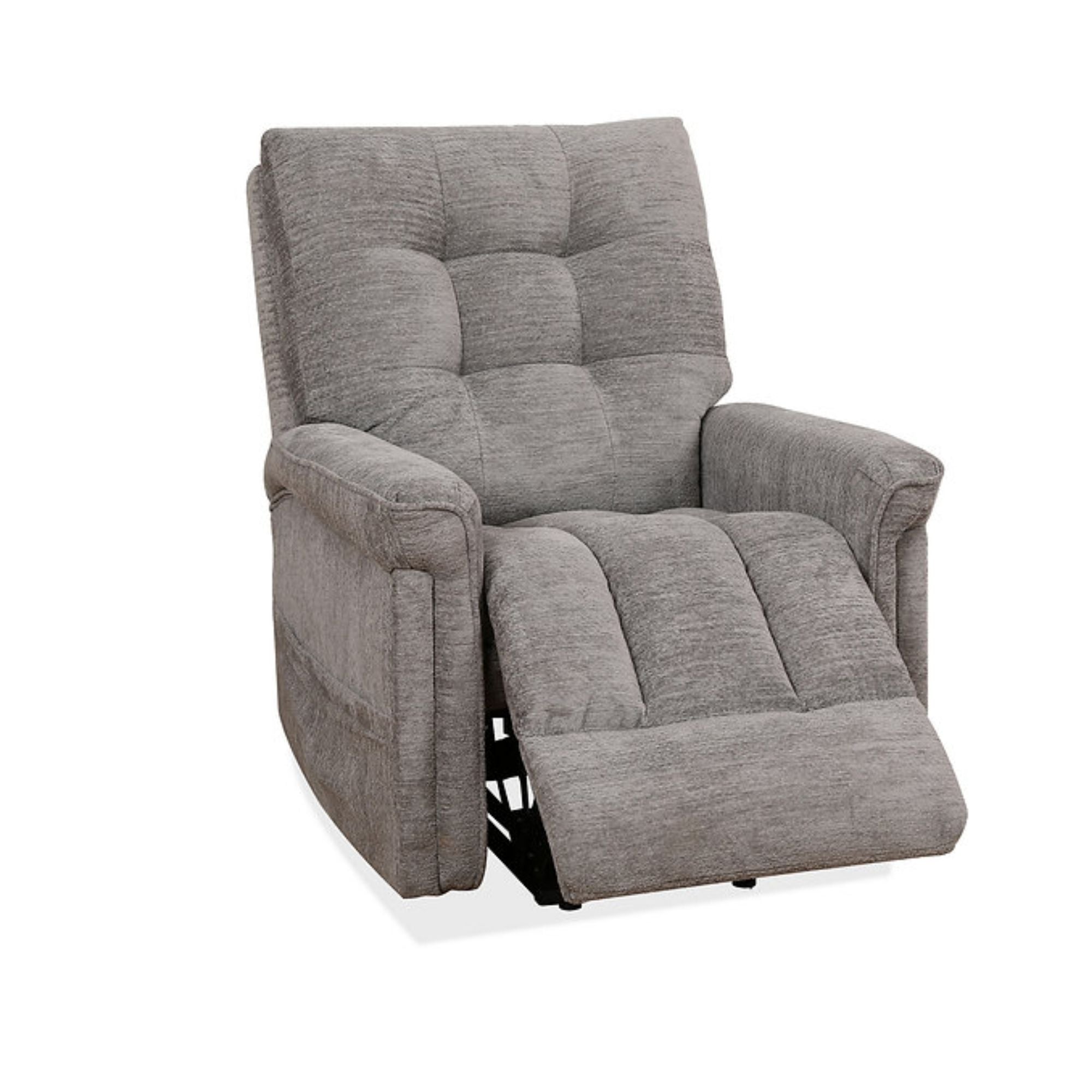 Grey brown Harlow power reclining lift chair by IFF with plush upholstery and built-in lift mechanism.