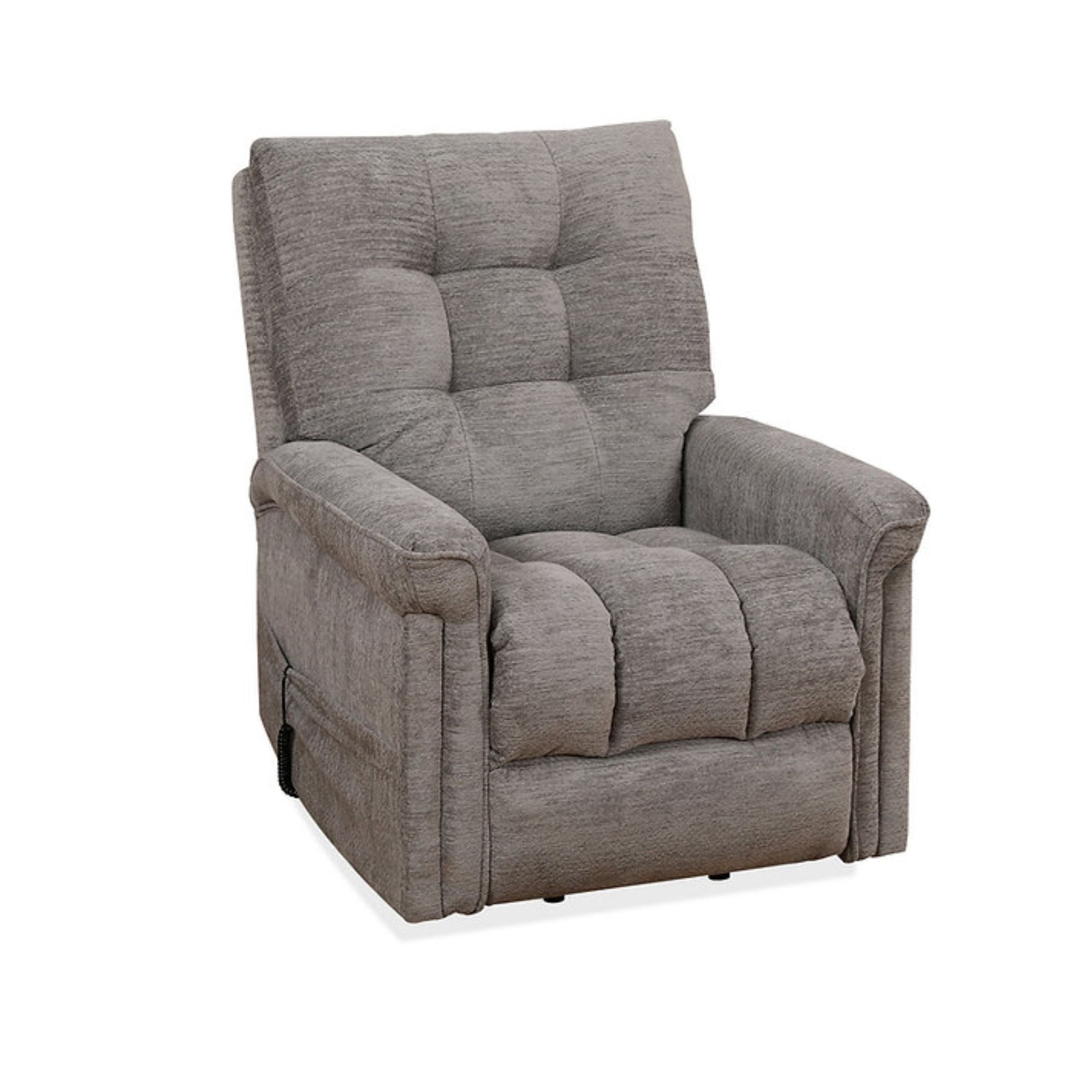 Grey-brown IFF Harlow power reclining lift chair with plush cushioning and built-in control for comfortable sitting and easy lifting.