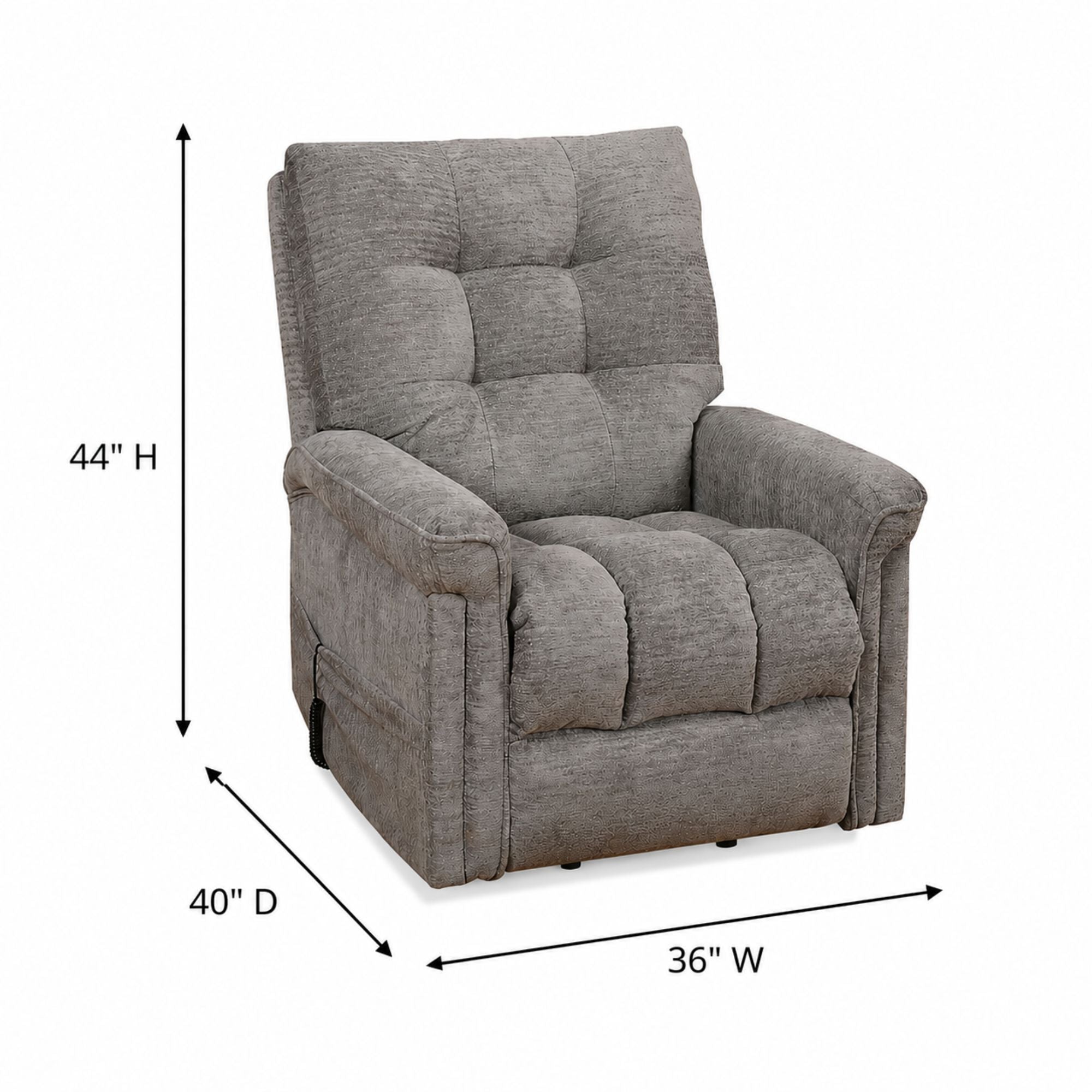 Grey brown Harlow power reclining lift chair by IFF, showing padded backrest and armrests in a comfortable living room setting.