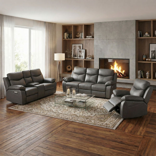 Dark grey Monarch Luxe leather power recliner sofa set by IFF, featuring plush cushions and modern reclining design.