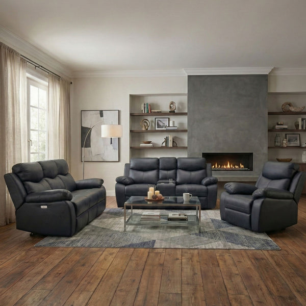 Black Monarch Luxe leather power recliner sofa set by IFF, featuring plush reclining seats and modern design.
