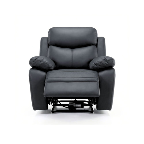 Black Monarch Luxe leather power recliner sofa set by IFF, showcasing plush reclining seats with elegant design and padded armrests.