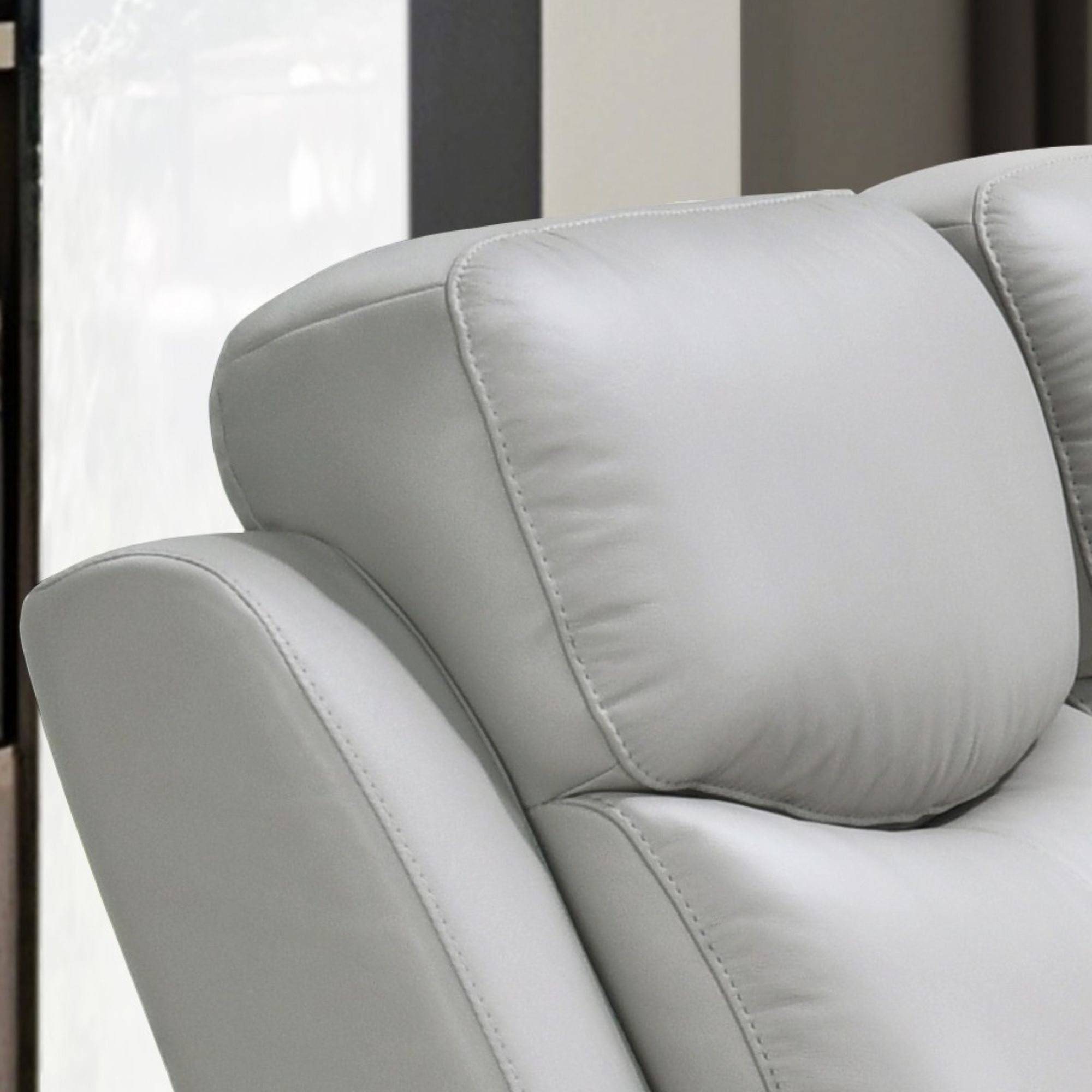 Light grey Axton Luxe Leather Power Recliner Sofa Set by IFF, featuring plush cushions and modern design in a stylish living room setting.
