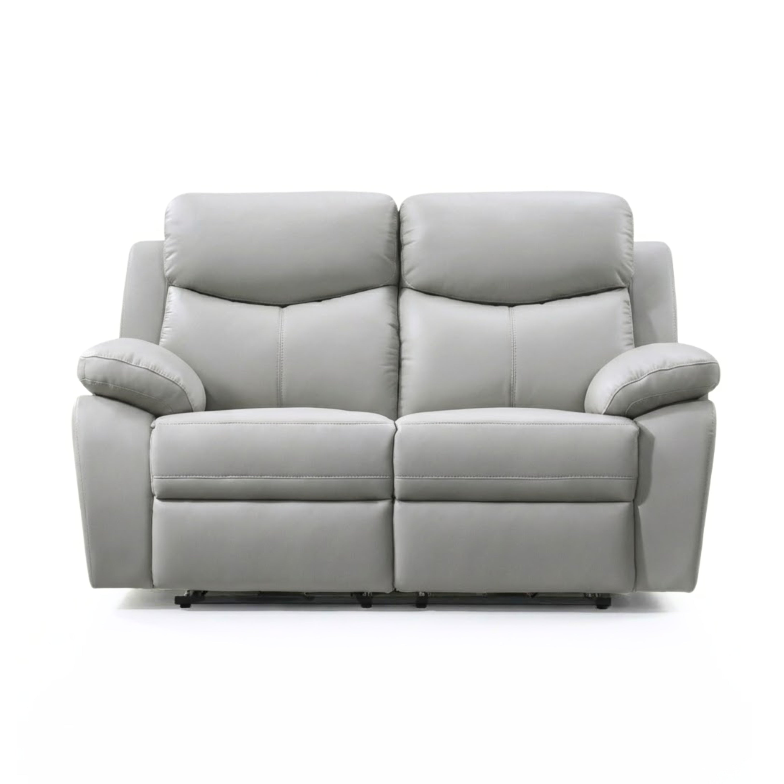 Light grey Axton Luxe leather power recliner loveseat by IFF, showing plush cushions and reclining mechanism in a modern living room setting.