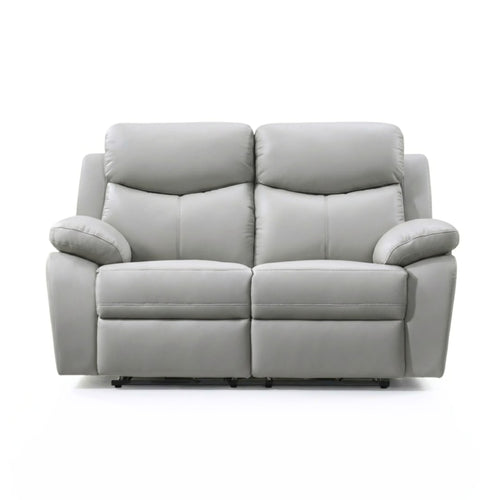 Light grey Axton Luxe leather power reclining loveseat by IFF, showcasing plush cushioning and reclining mechanism.