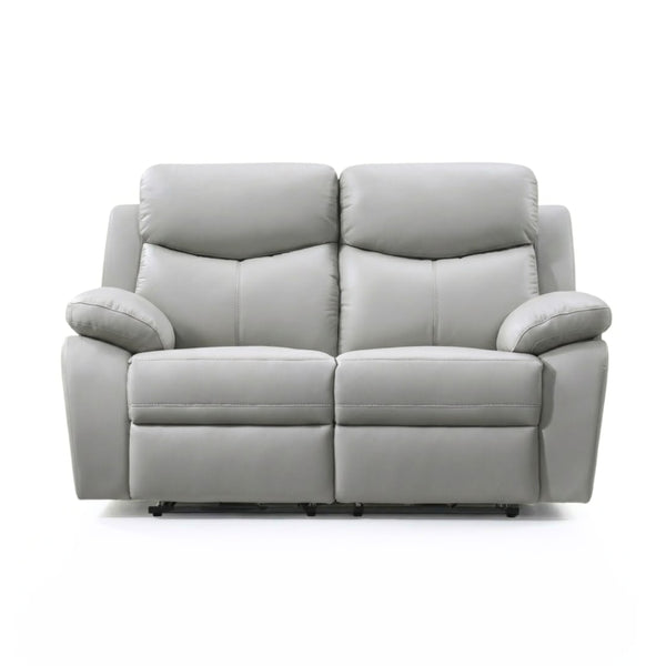 Light grey Axton Luxe leather power recliner loveseat by IFF, showing plush cushions and reclining mechanism in a modern living room setting.