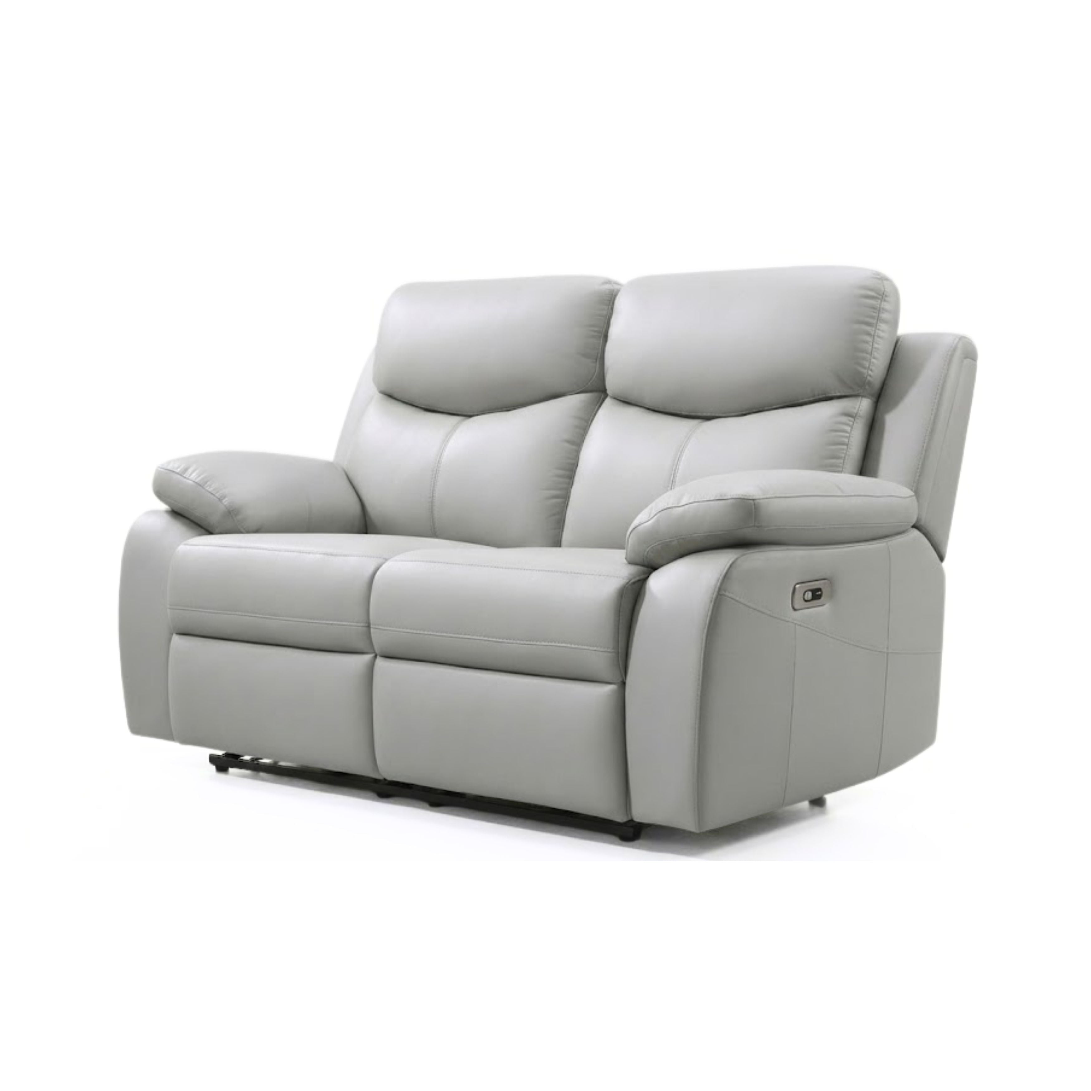 Light grey Axton Luxe leather power recliner sofa set by IFF, featuring plush cushions and reclining armrests in a modern living room setting.