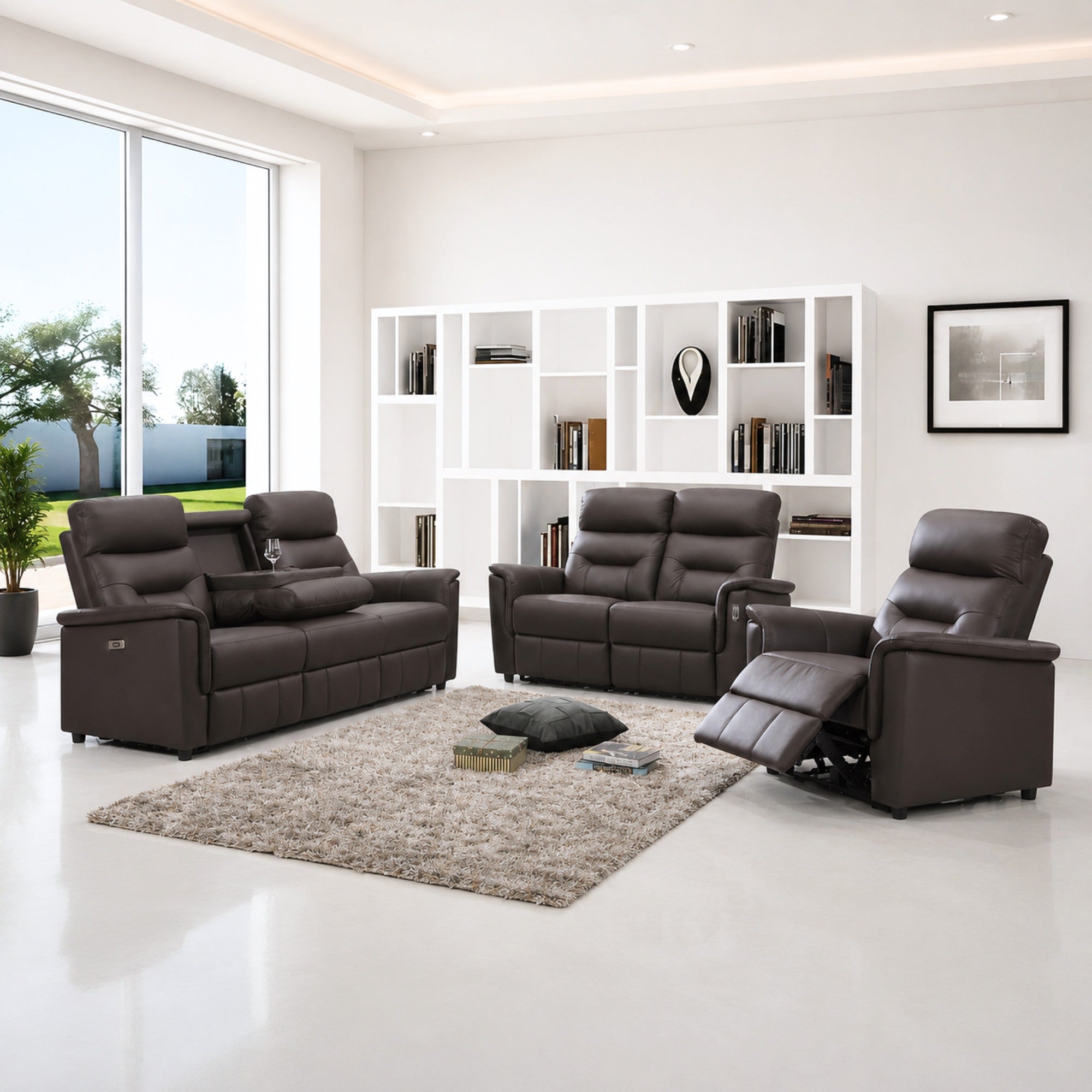 Serenity Genuine Leather Power Reclining Sofa Set Brown