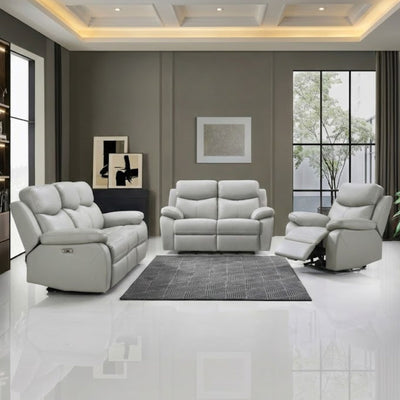 Light grey Axton Luxe leather power recliner sofa by IFF, showcasing plush cushions and modern reclining design.