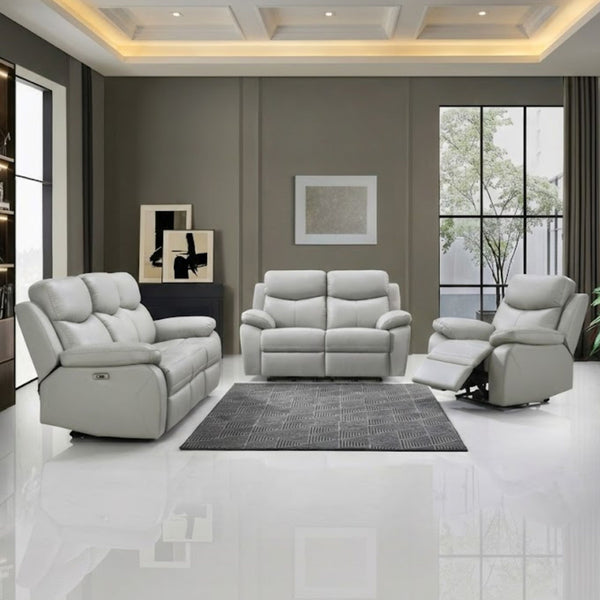 Light grey Axton Luxe leather power recliner sofa by IFF, showcasing plush cushions and modern reclining design.