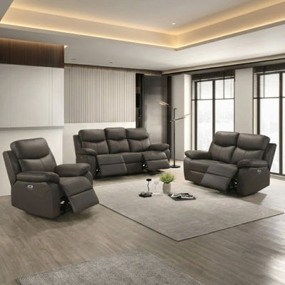 IFF Axton Luxe leather power recliner sofa in rich chocolate, showcasing plush cushions and sleek recline mechanism.