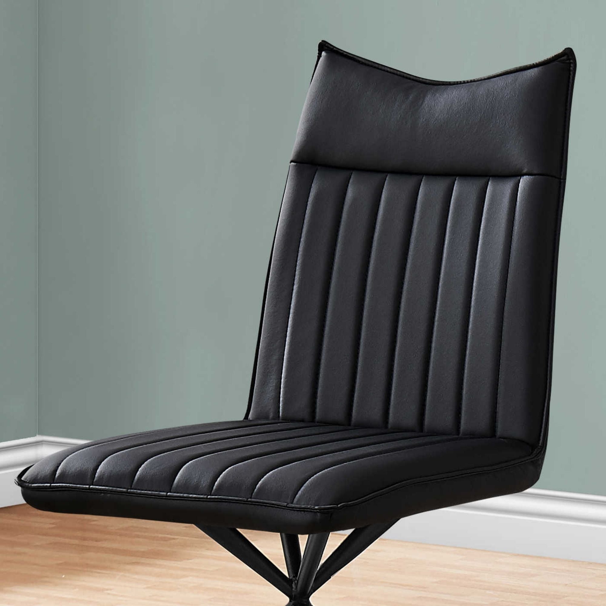 Set of two black leather-look dining chairs with starburst metal base by Monarch Specialties, showcasing modern seating design.