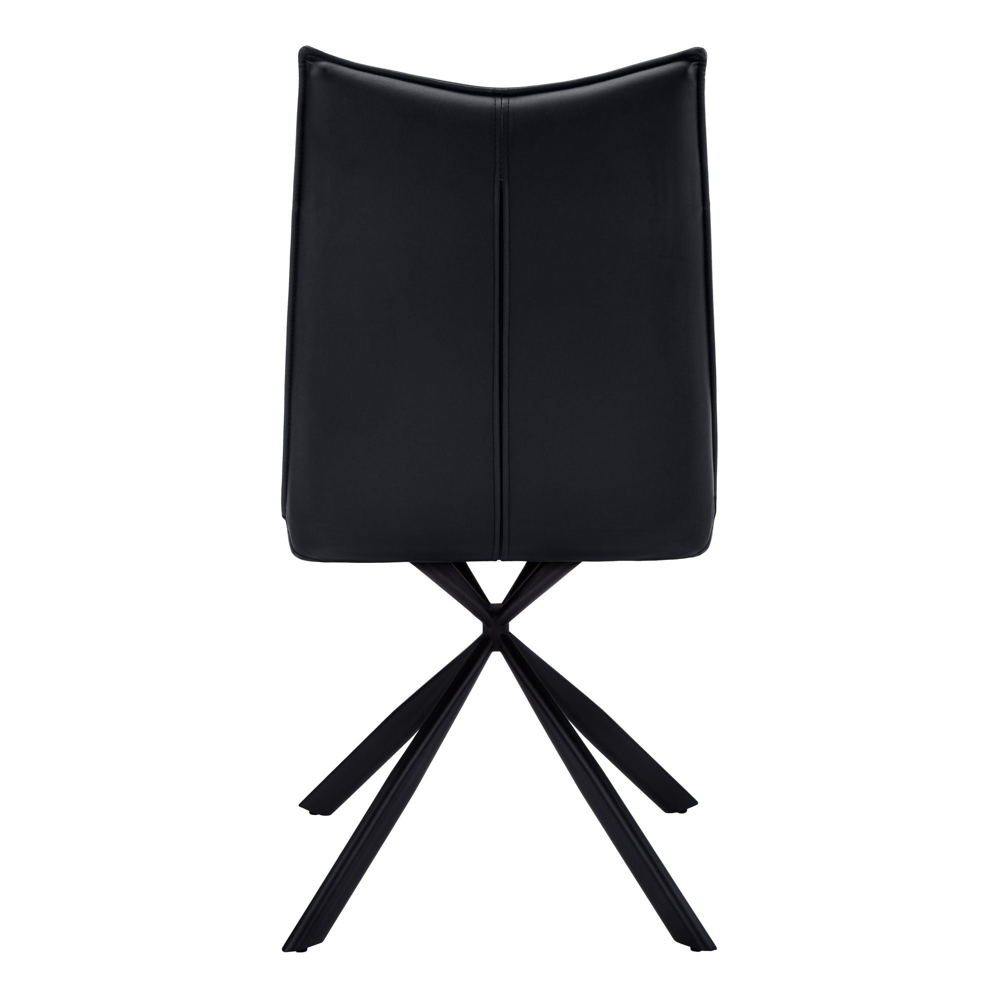Two black leather-look dining chairs with starburst metal bases from Monarch Specialties, showcasing modern seating design.