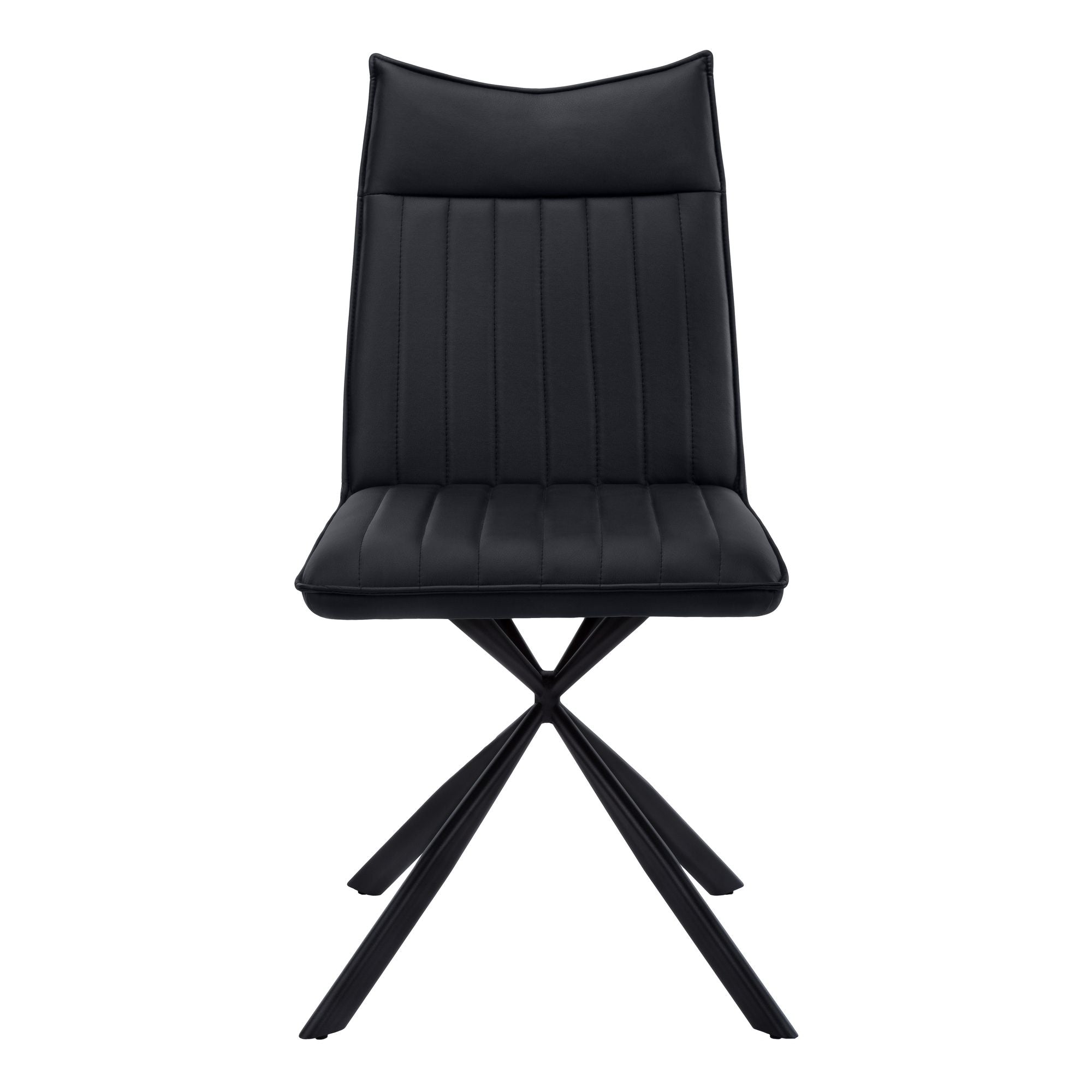 Set of two black leather-look dining chairs with starburst metal bases from Monarch Specialties, showcasing modern, stylish seating.