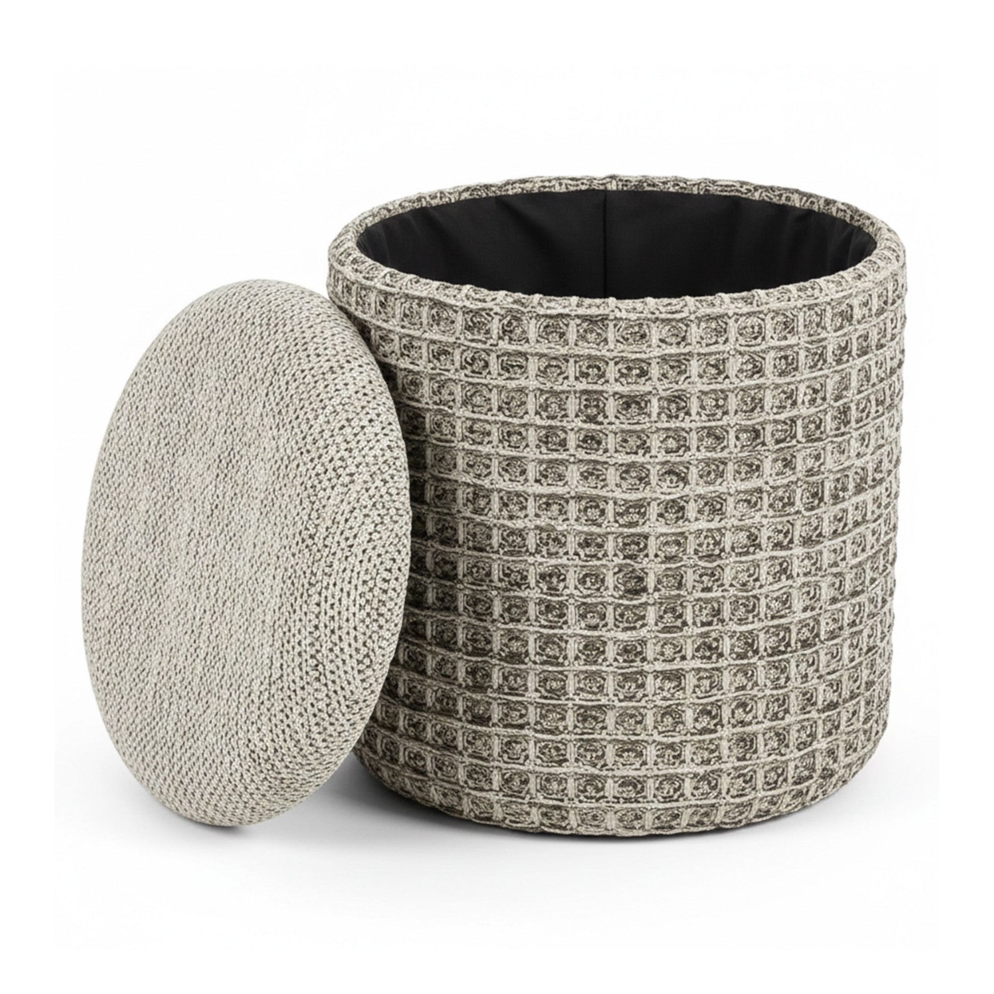 Indigo Round Storage Ottoman – Beige Charcoal