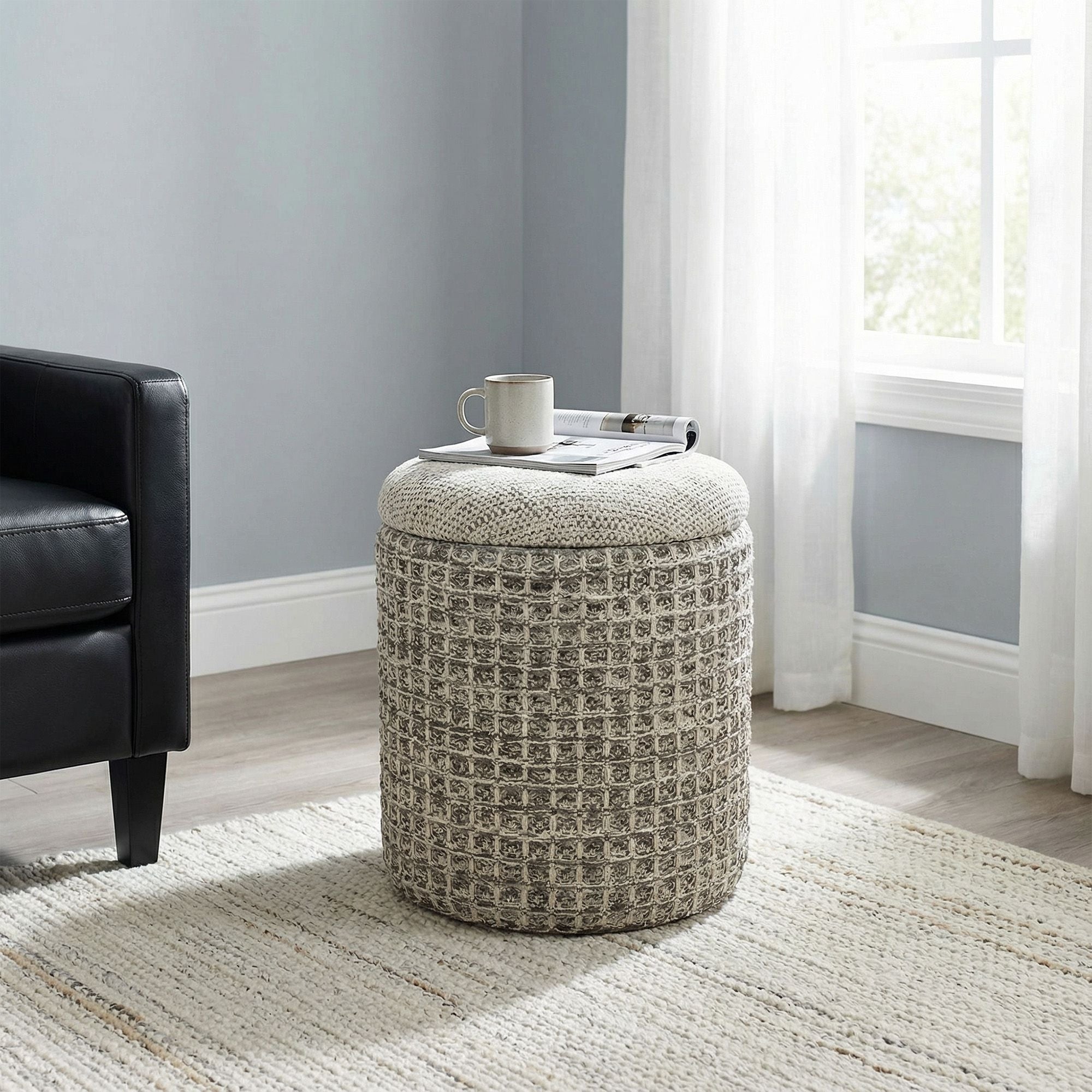 Indigo Round Storage Ottoman – Beige Charcoal