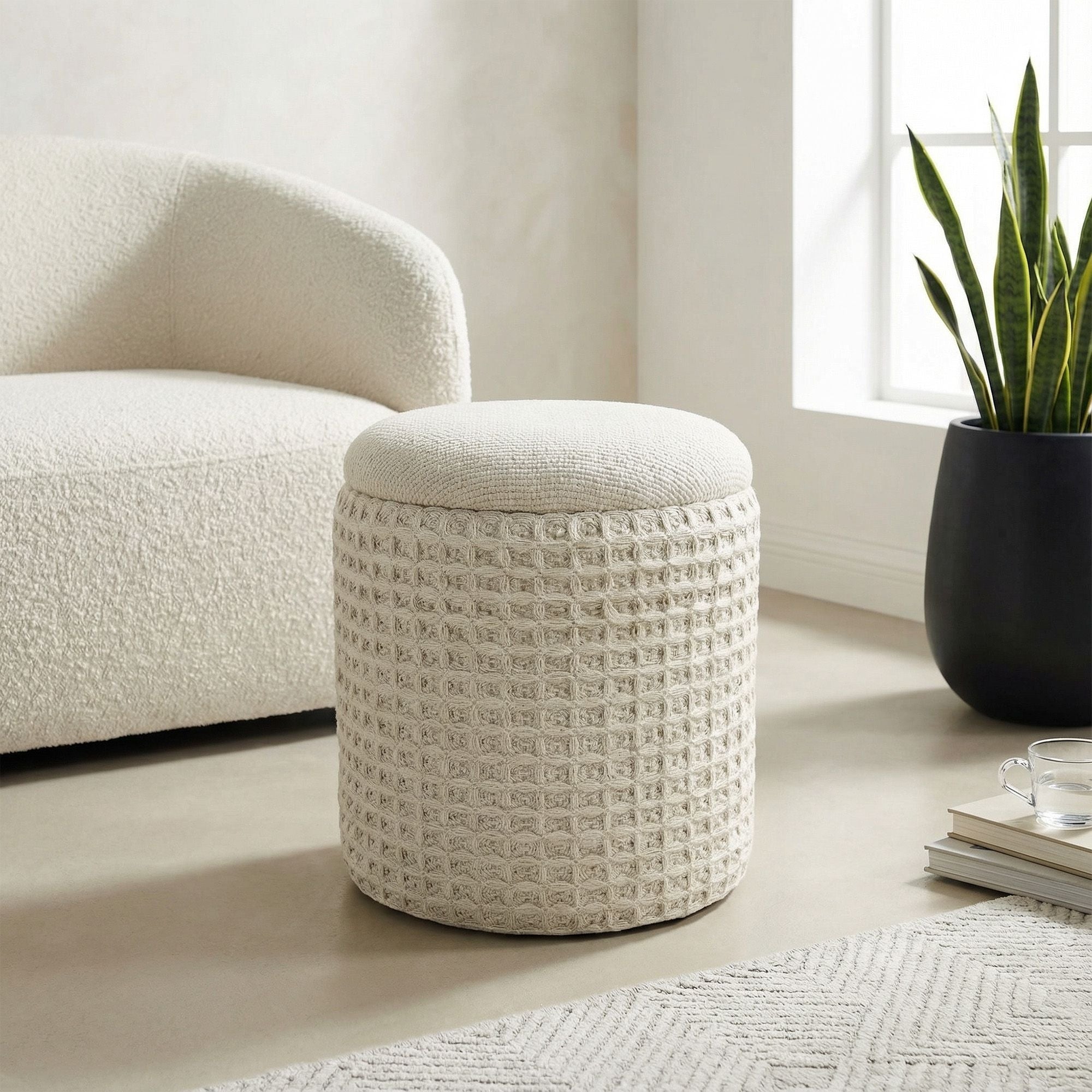 Indigo Round Storage Ottoman – Ivory