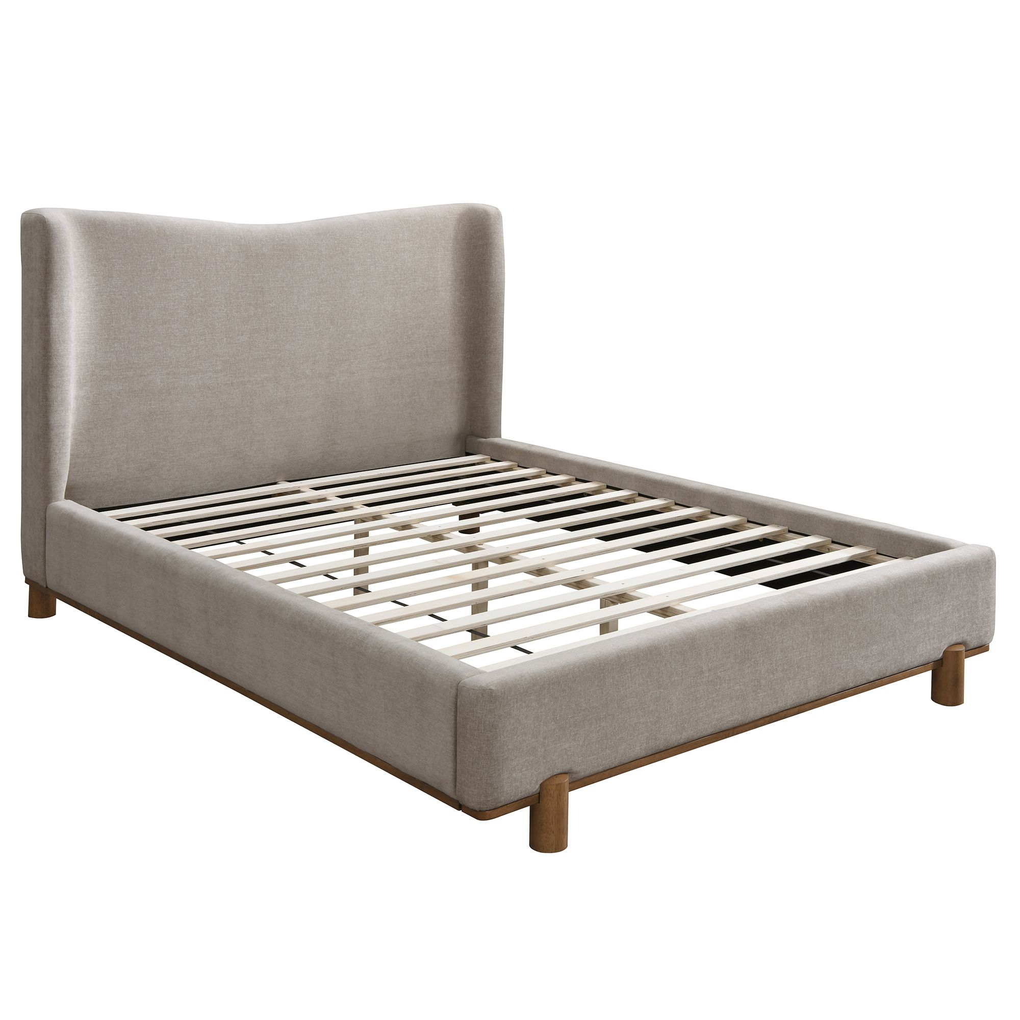 Isadora platform bed in dark beige fabric with a modern design, featuring a sturdy frame and clean lines for a stylish bedroom.