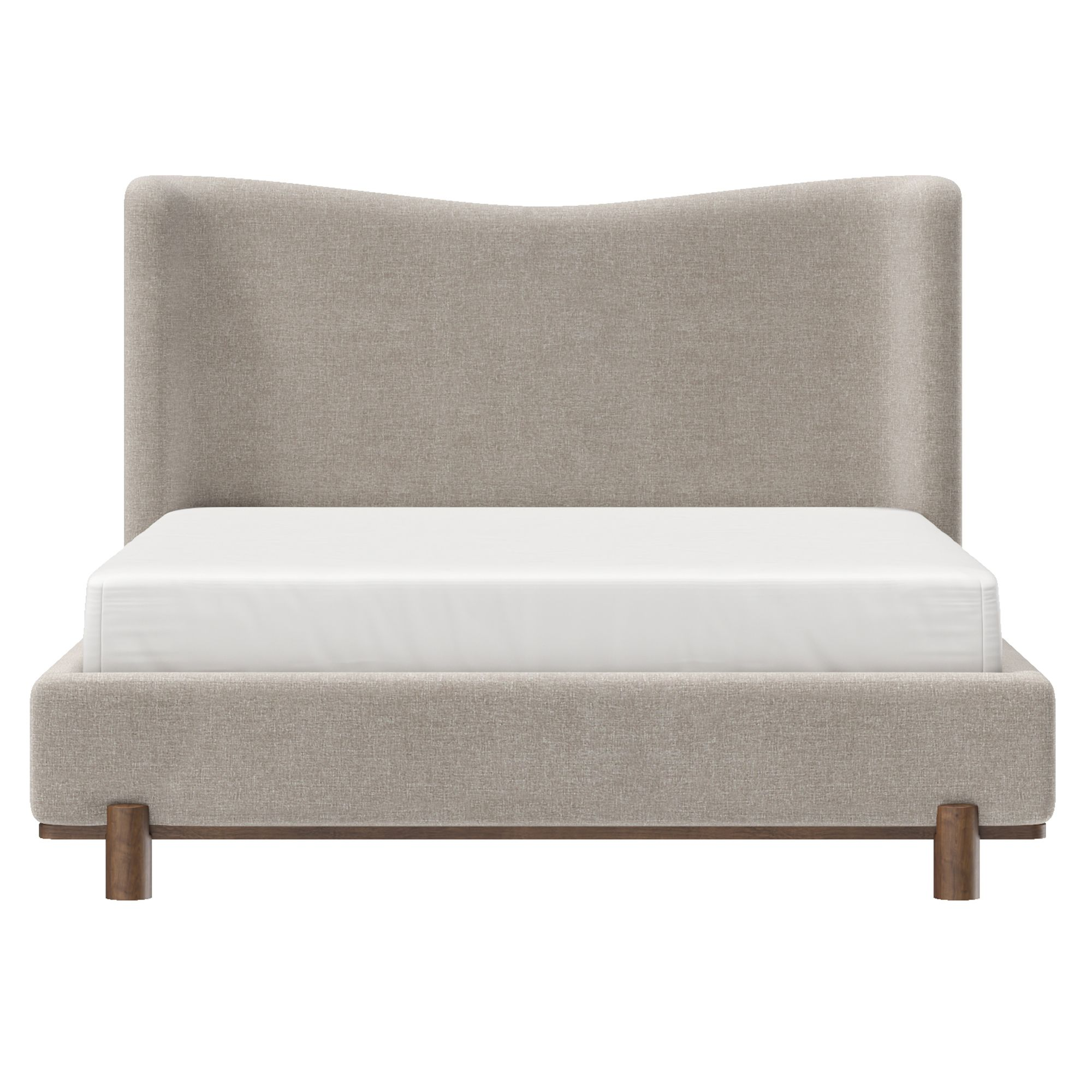 Dark beige fabric Isadora platform bed by World Wide with a modern design, featuring a sturdy frame and plush headboard.
