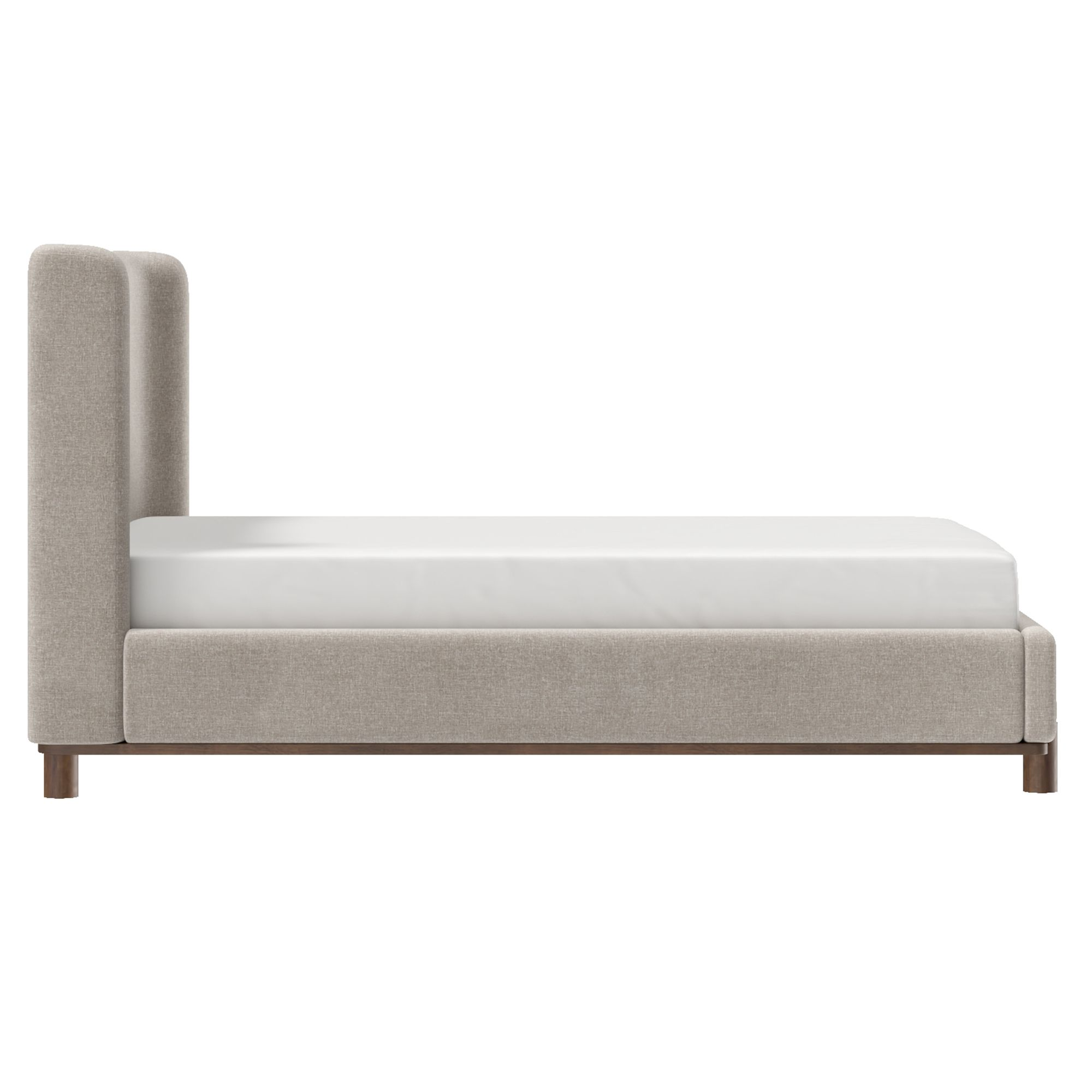 Dark beige fabric Isadora platform bed by World Wide, featuring a modern design with a sturdy frame and plush headboard.
