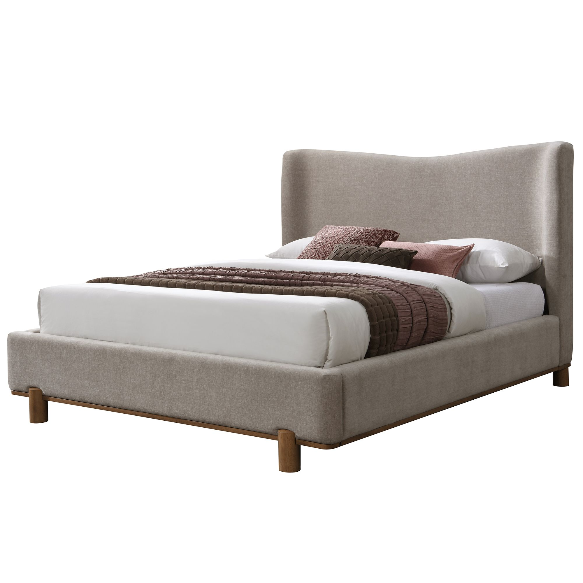 Dark beige fabric Isadora platform bed by World Wide with a modern design, featuring a low-profile frame and plush headboard.