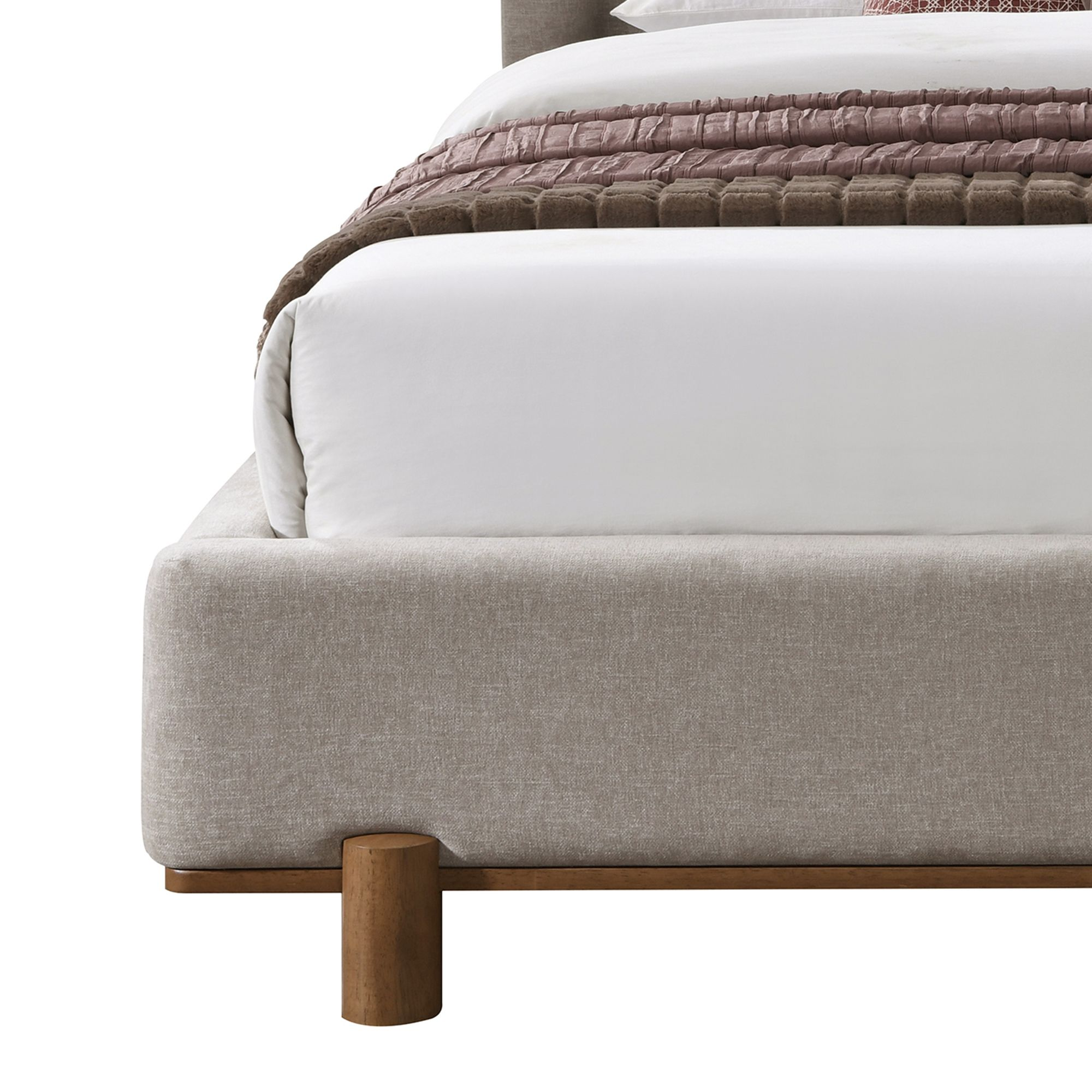 Isadora platform bed in dark beige fabric with a modern design, featuring a sturdy frame and plush headboard for a stylish bedroom.