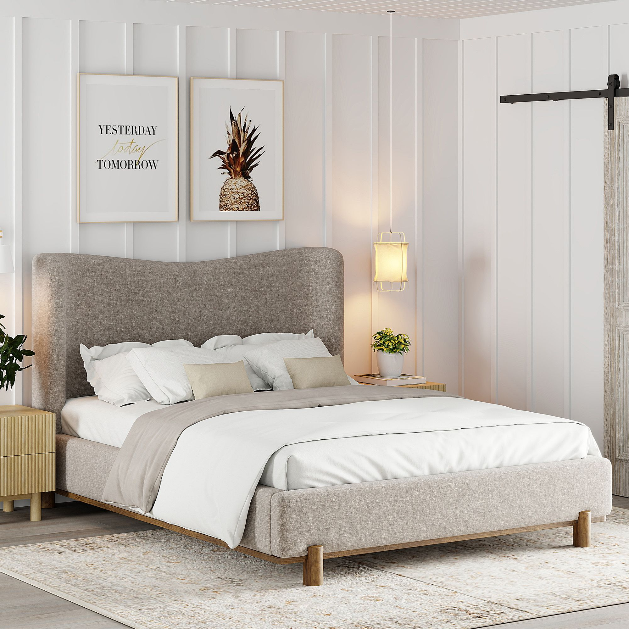 Dark beige fabric Isadora platform bed in queen size with a modern design, featuring a padded headboard and sturdy wooden frame.