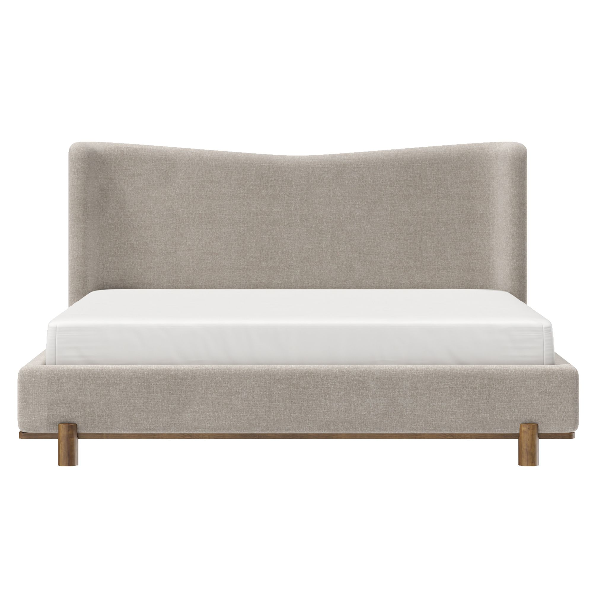 Dark beige fabric Isadora platform bed by World Wide, showcasing its modern design and sturdy frame in a bedroom setting.
