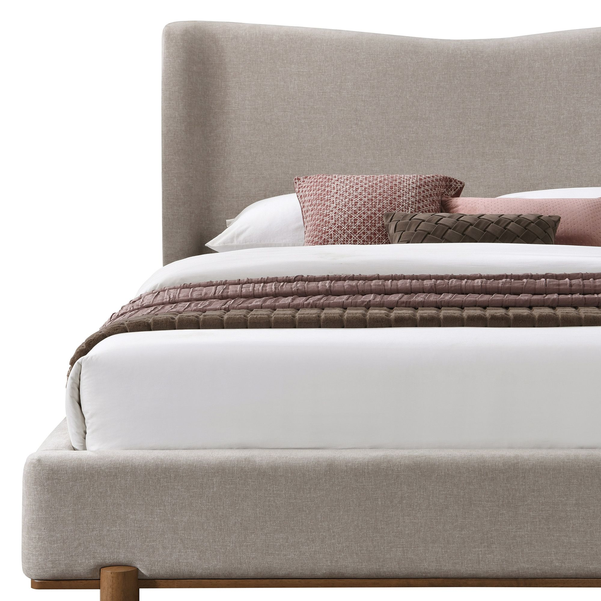 Dark beige fabric Isadora platform bed by World Wide, showcasing a modern bed frame with a sleek headboard design.