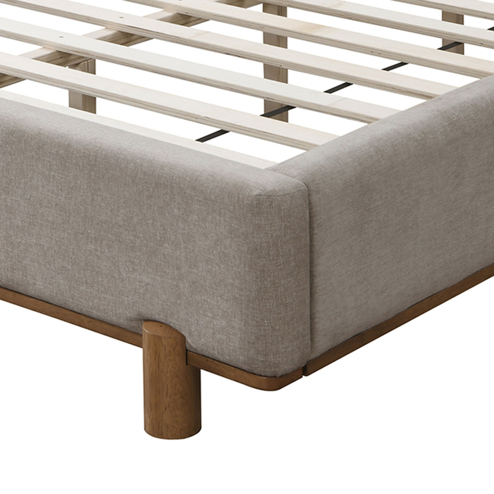 Dark beige fabric Isadora platform bed by World Wide with a modern, upholstered design and a sturdy frame.
