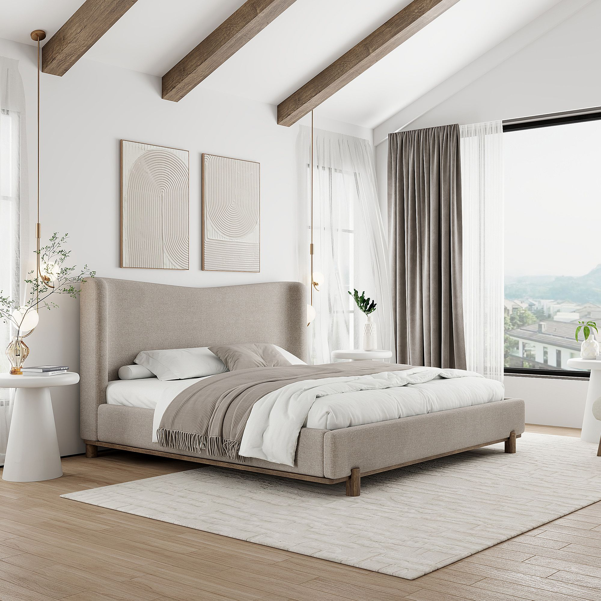 Dark beige fabric Isadora platform bed by World Wide, showcasing a modern bed frame with a clean, upholstered design.