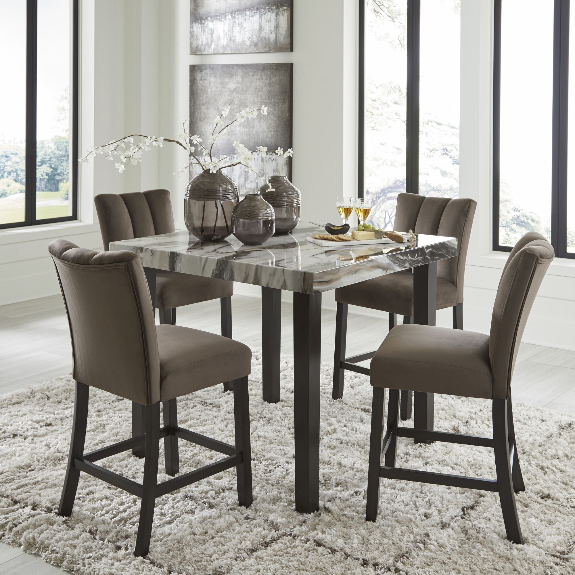 Jeshina square counter height dining table from Signature Ashley, with matching chairs in a modern dining room setting.