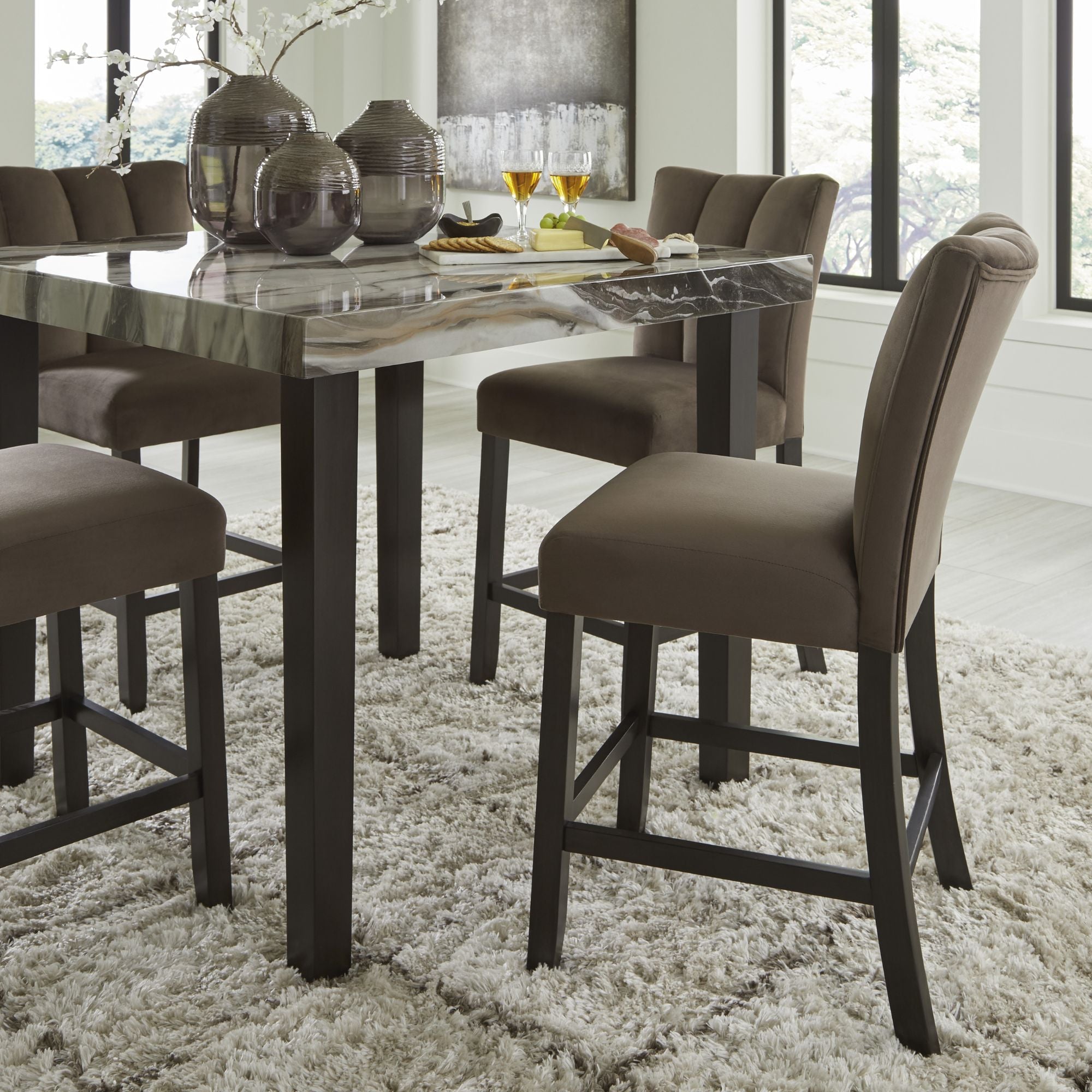 Square Jeshina counter height dining table with matching chairs from Ashley Signature's Jeshina dining set, showcasing modern wood design.
