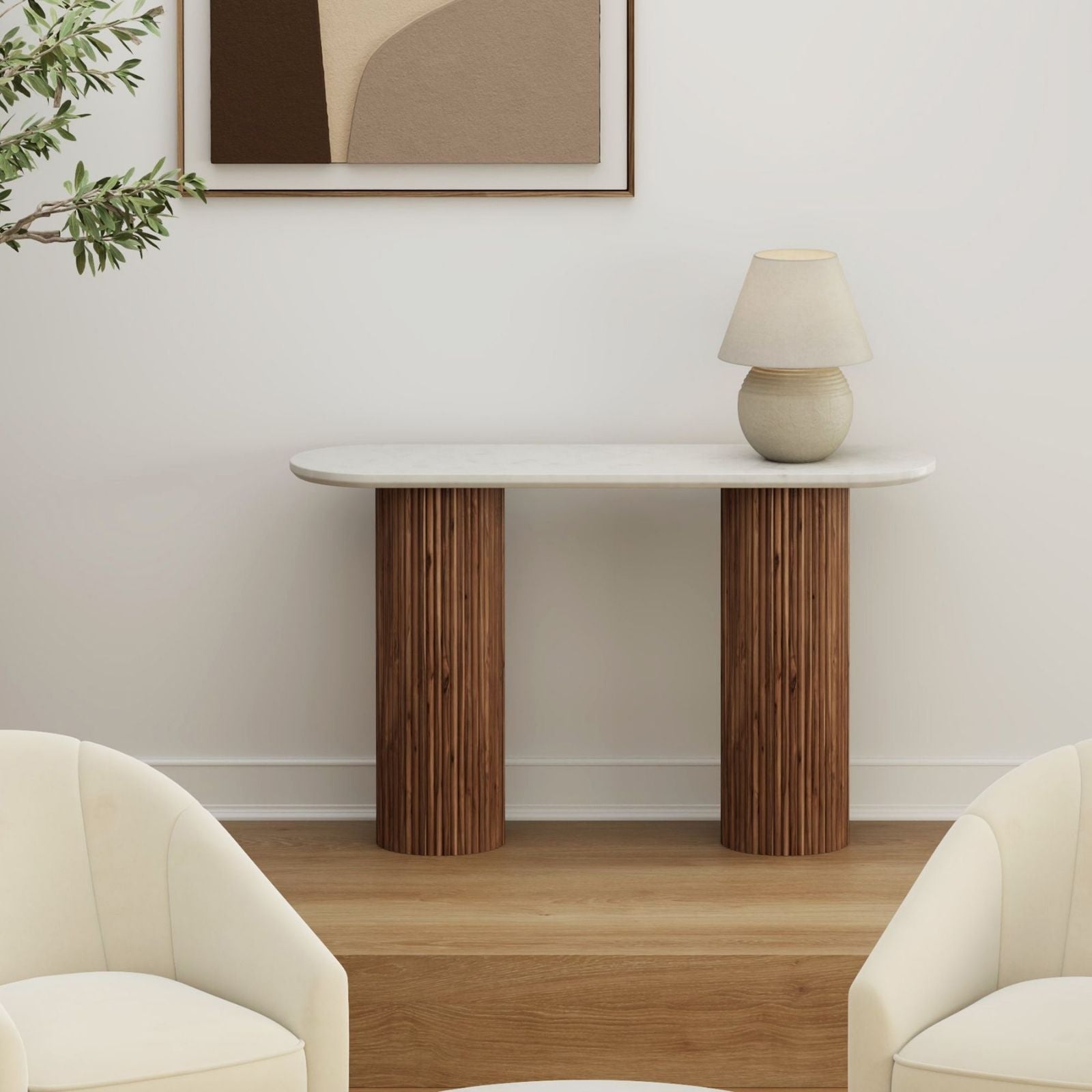 Jilsa 50-Inch Marble Console Table in Walnut and White