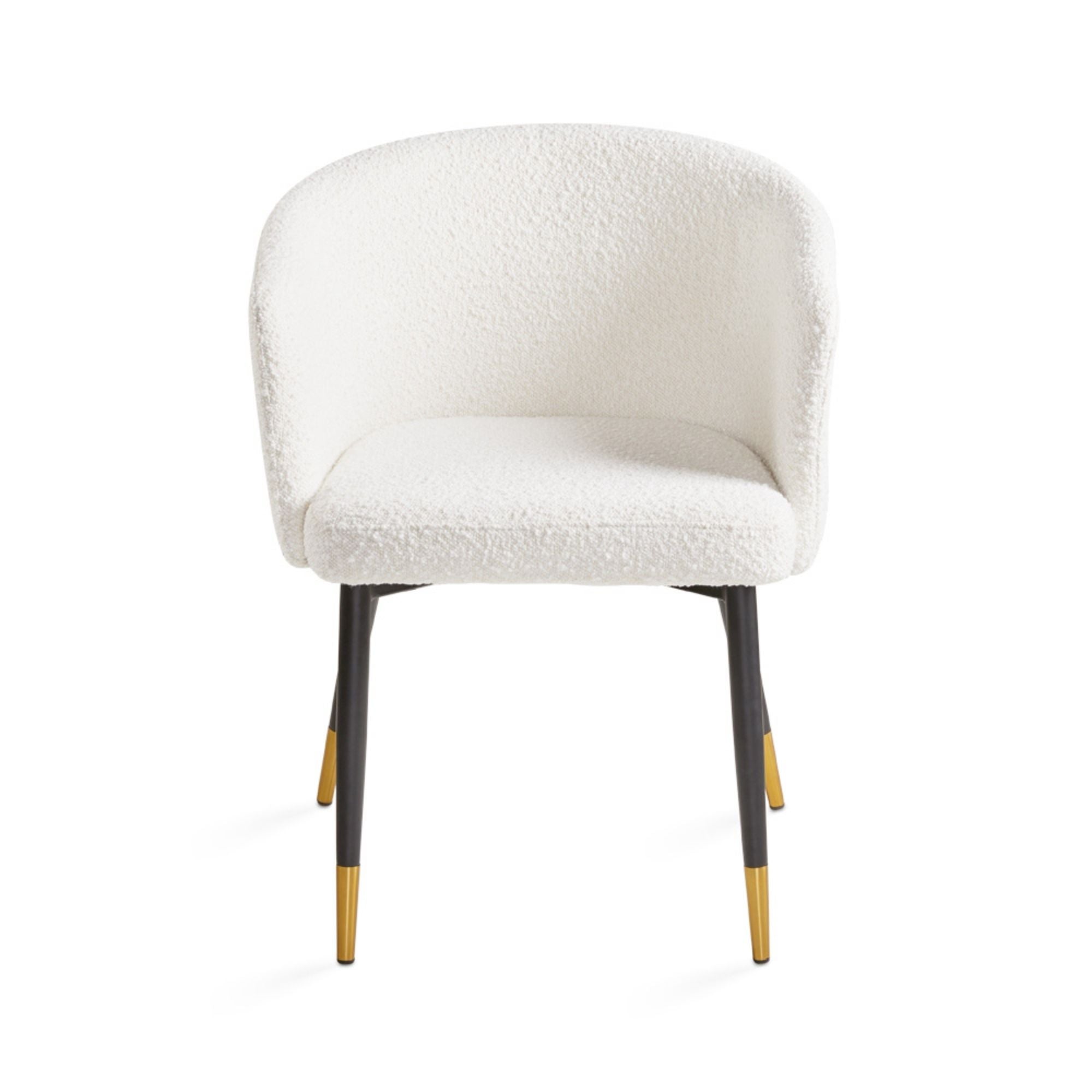 White Jordan dining chair by Xcella with boucle fabric upholstery, showcasing modern design and comfortable seating.