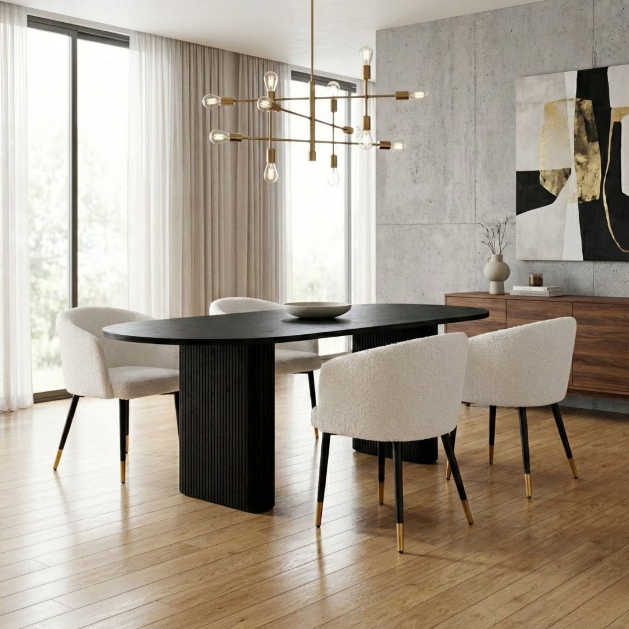White Jordan dining chair by Xcella with plush boucle upholstery, showcasing a modern, comfortable seating design.
