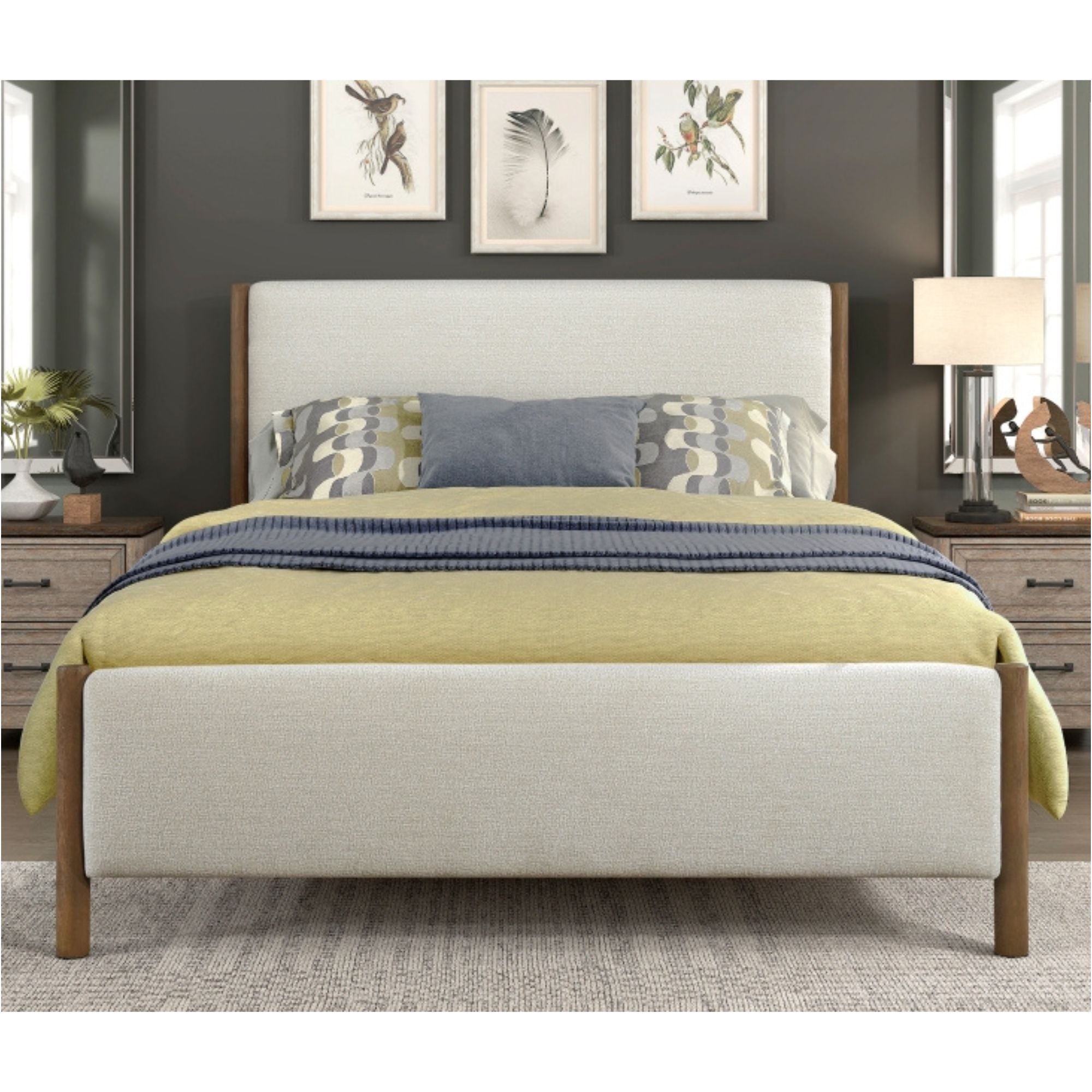 M.A.F Julian Collection platform bed with sleek wooden frame and modern design, shown in a stylish bedroom setting.