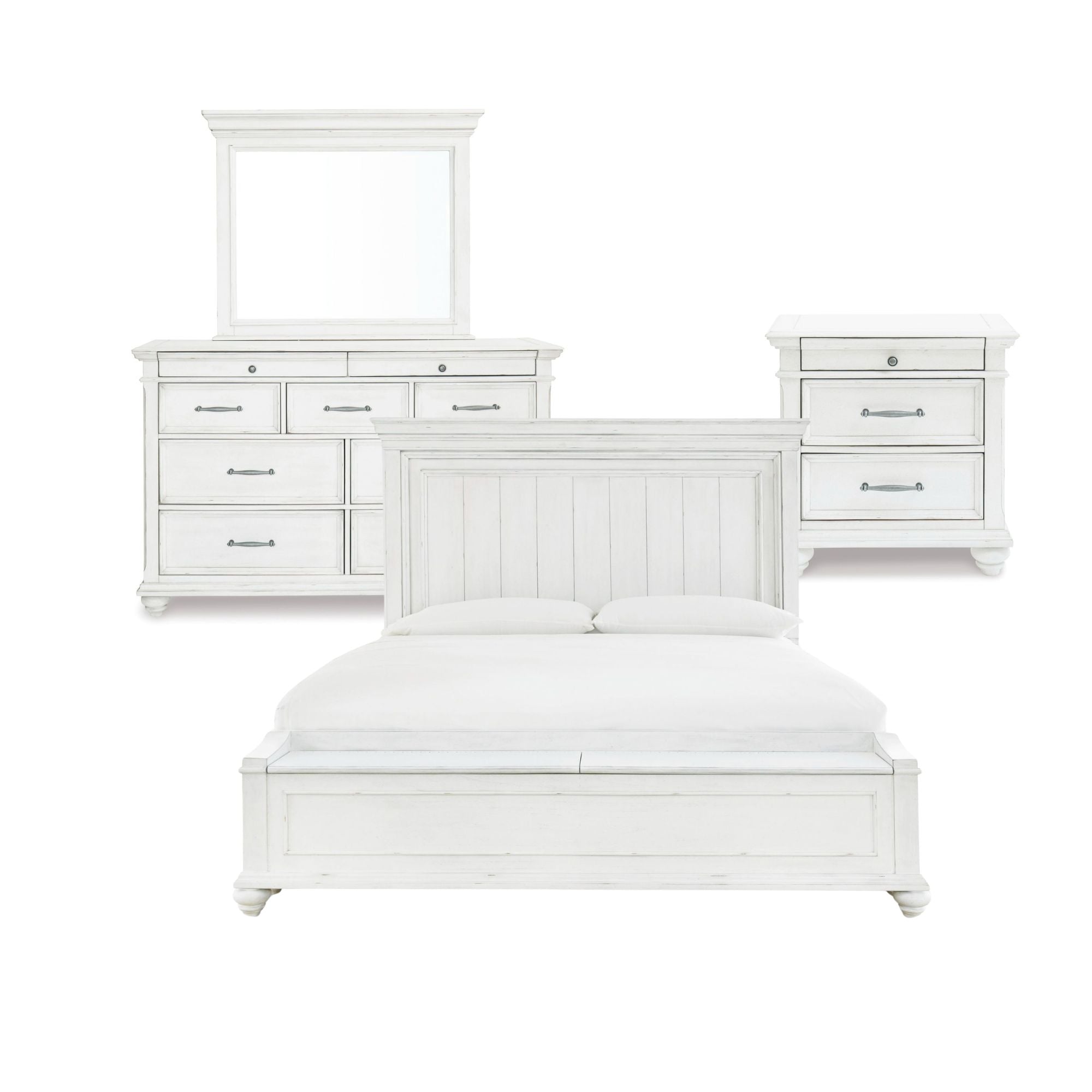 Signature Ashley Kanwyn bedroom set with white panel bed and storage bench, featuring a modern bedroom furniture design.