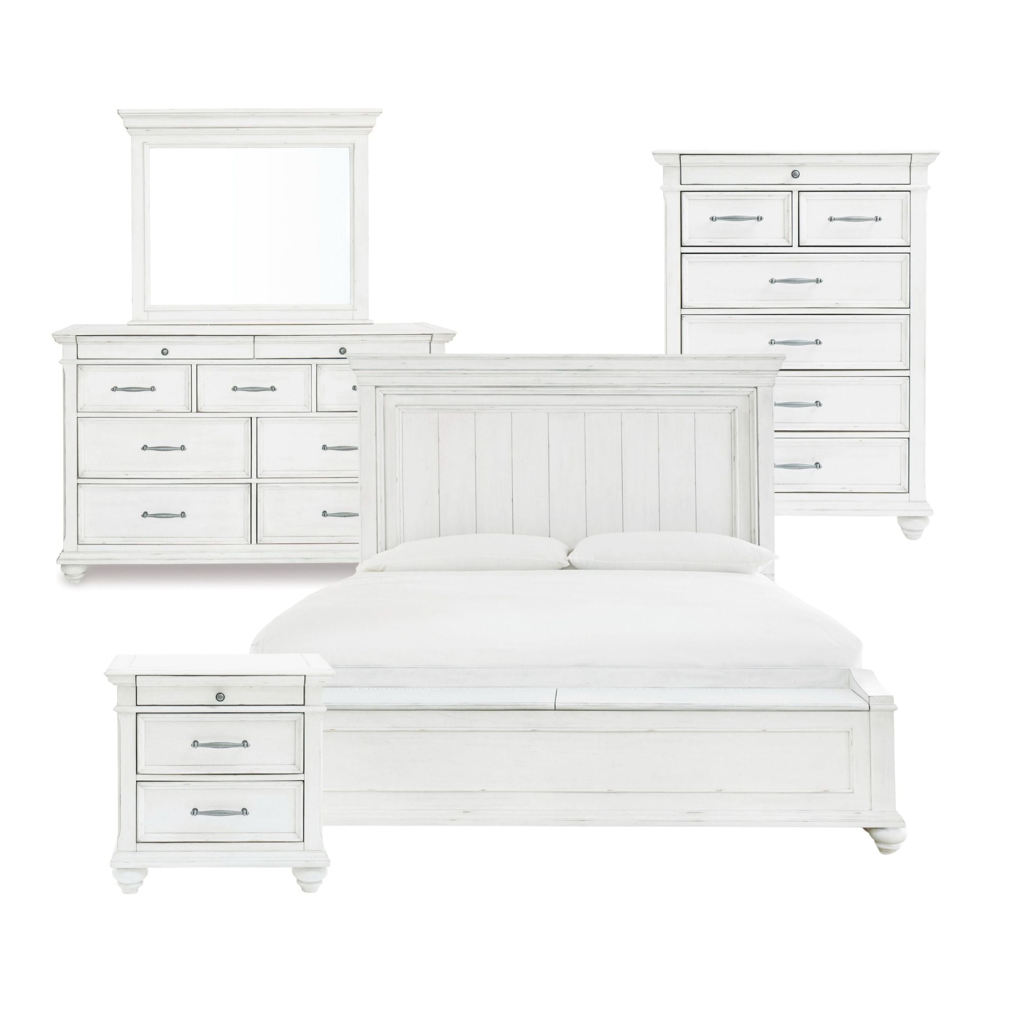 White Kanwyn bedroom set with storage bench by Signature Ashley, including bed frame, nightstands, and coordinated storage features.