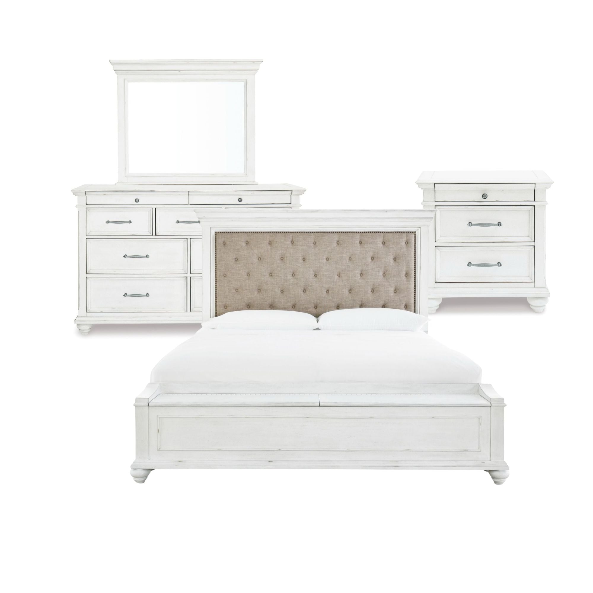 White Kanwyn upholstered panel bedroom set with storage bench by Signature Ashley, including bed frame and matching furniture.