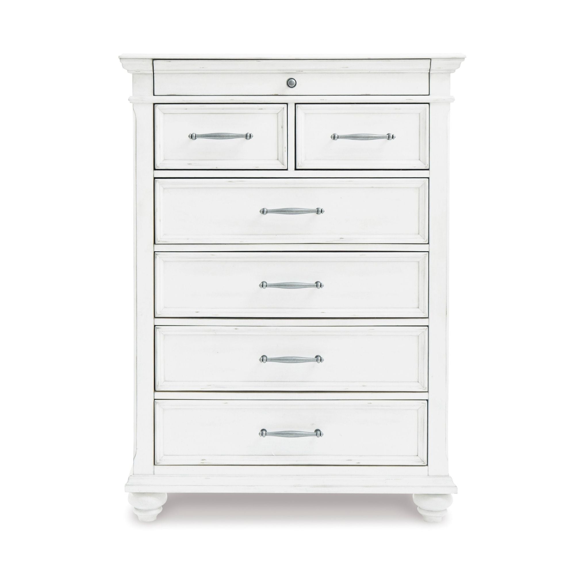 White Kanwyn chest by Signature Ashley, showcasing a stylish bedroom storage piece with elegant design and wood finish.