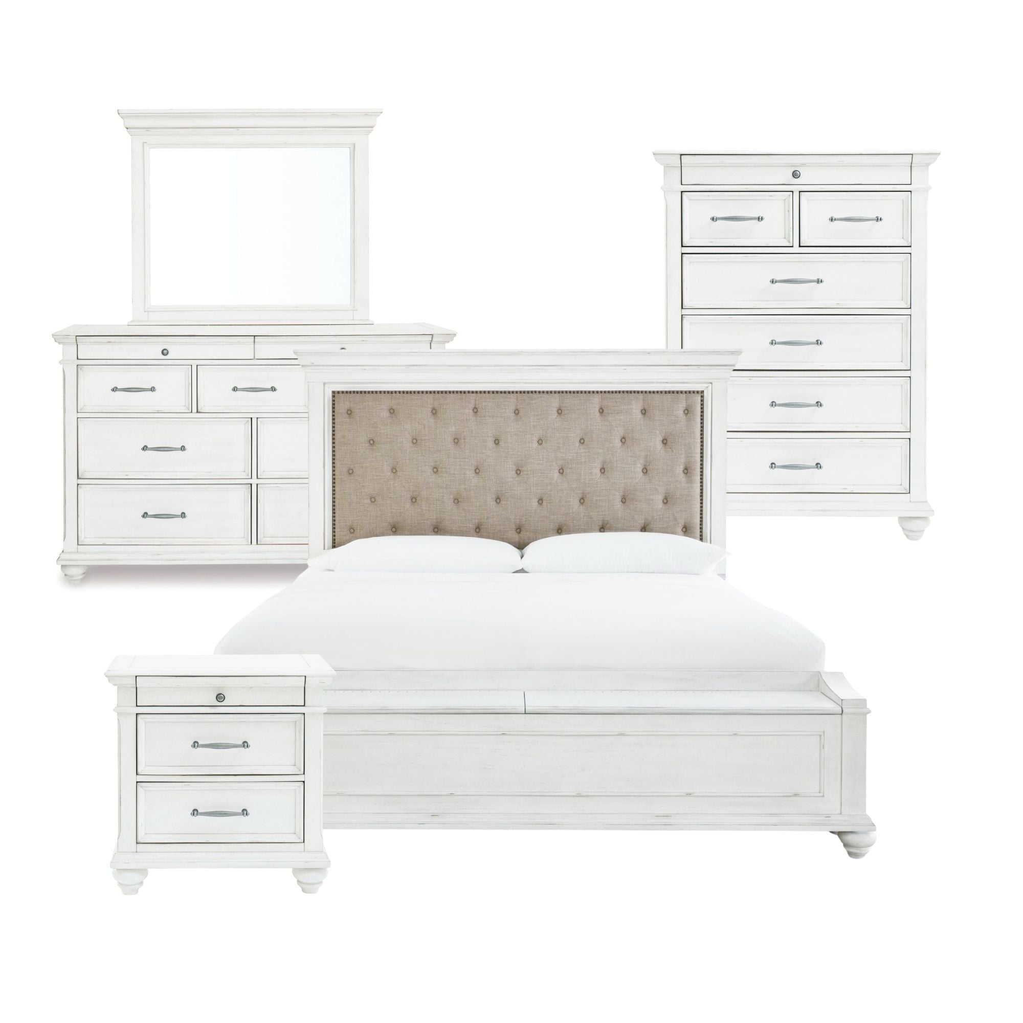 White Kanwyn upholstered panel bedroom set with storage bench by Signature Ashley, featuring a bed frame, matching nightstands, and storage options.