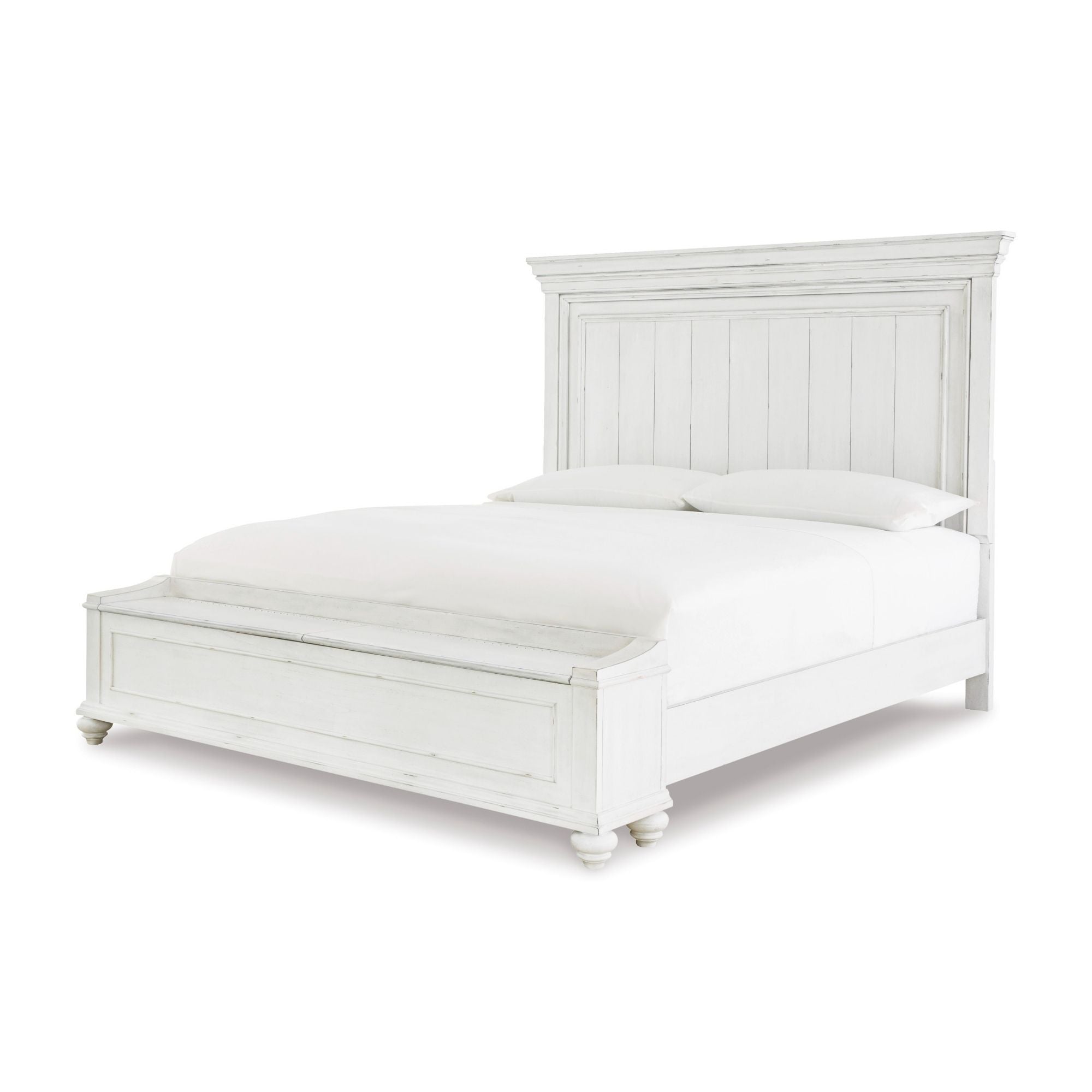 White Kanwyn Panel Bed with built-in storage bench by Signature Ashley, showcasing a sleek bedroom setup with a modern design.