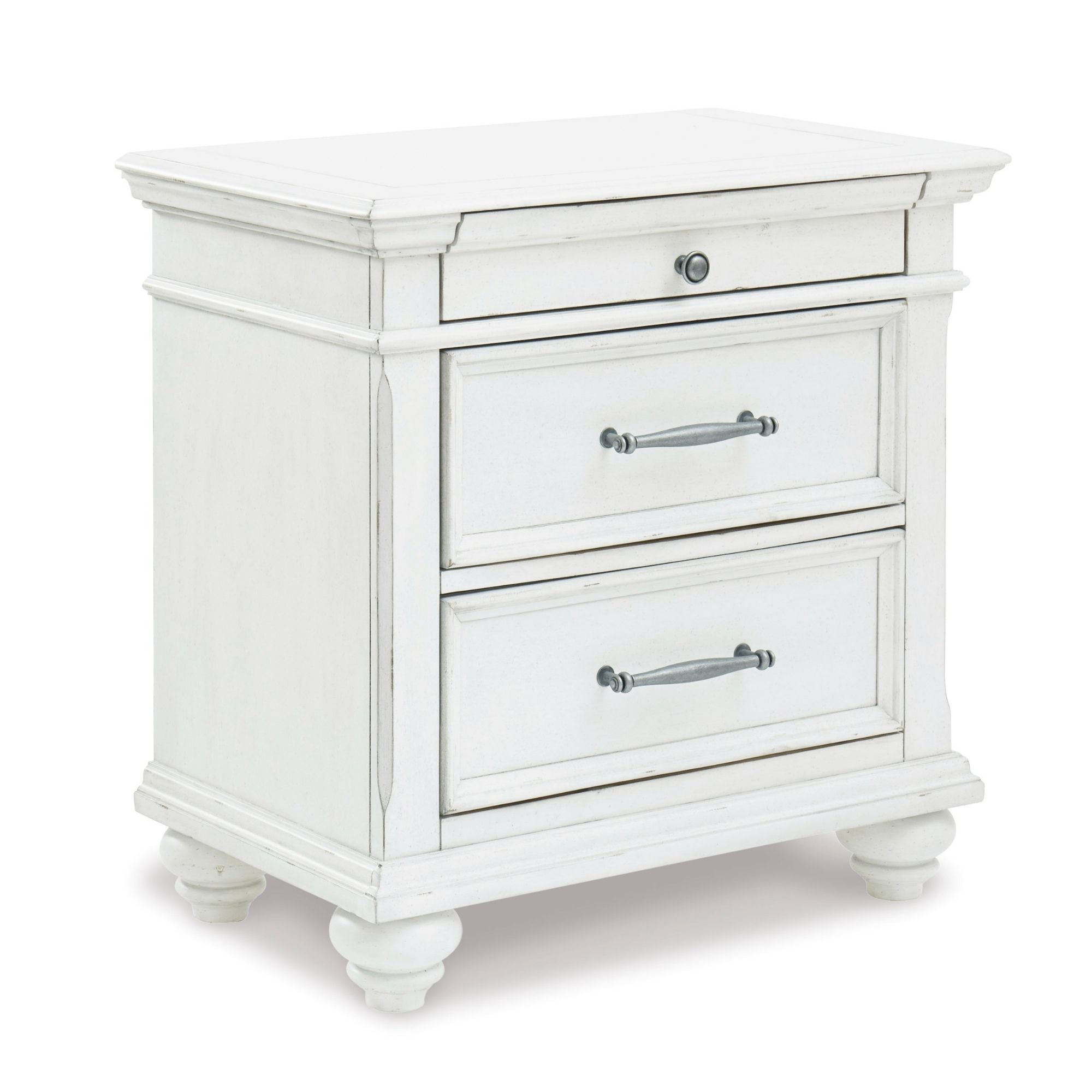 Wooden Kanwyn three-drawer nightstand by Signature Ashley with a sleek design, featuring a smooth surface and modern hardware.