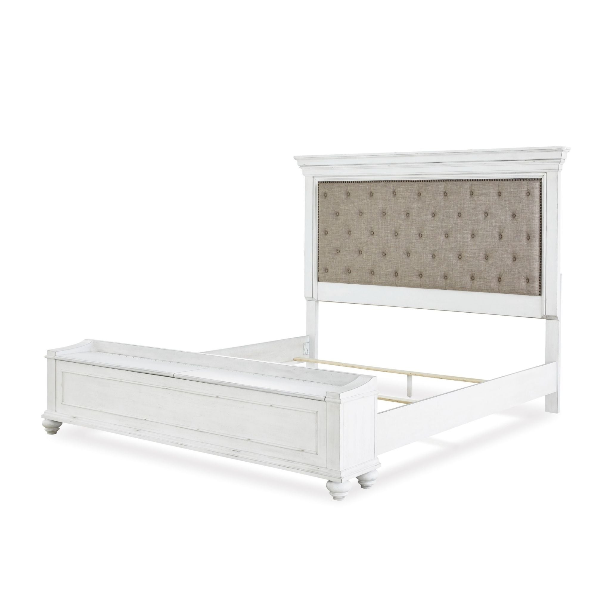 White upholstered panel bed with storage bench from Signature Ashley, featuring a stylish and functional bedroom furniture set.