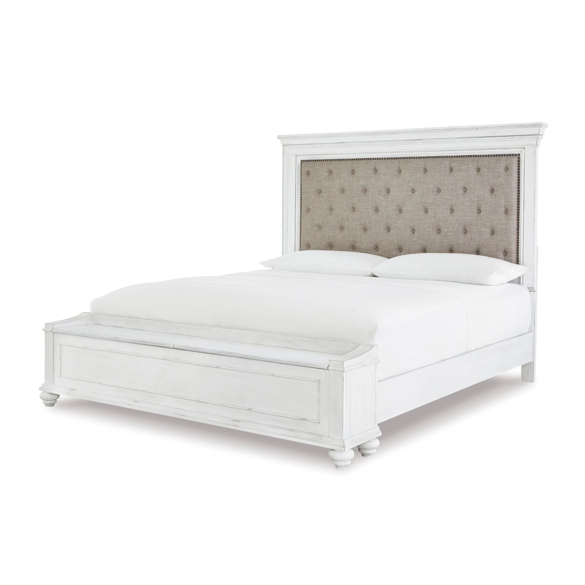 White upholstered panel bed with storage bench from Signature Ashley, featuring clean lines and a modern bedroom design.